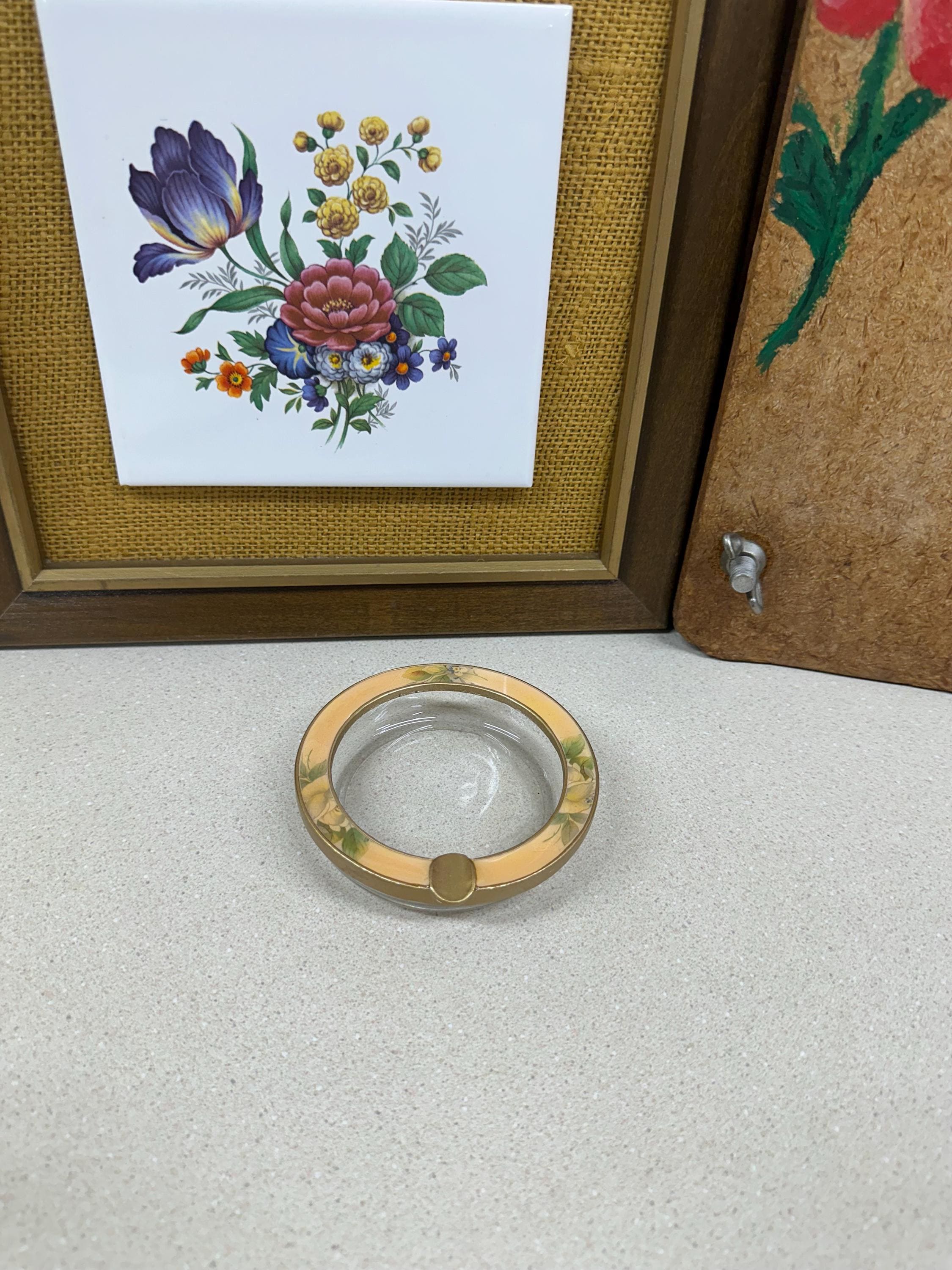 Vintage Ashtray Flowers Glass & Metal Small Round Floral Decor Retro Home Decor Chateaucore Cottagecore
