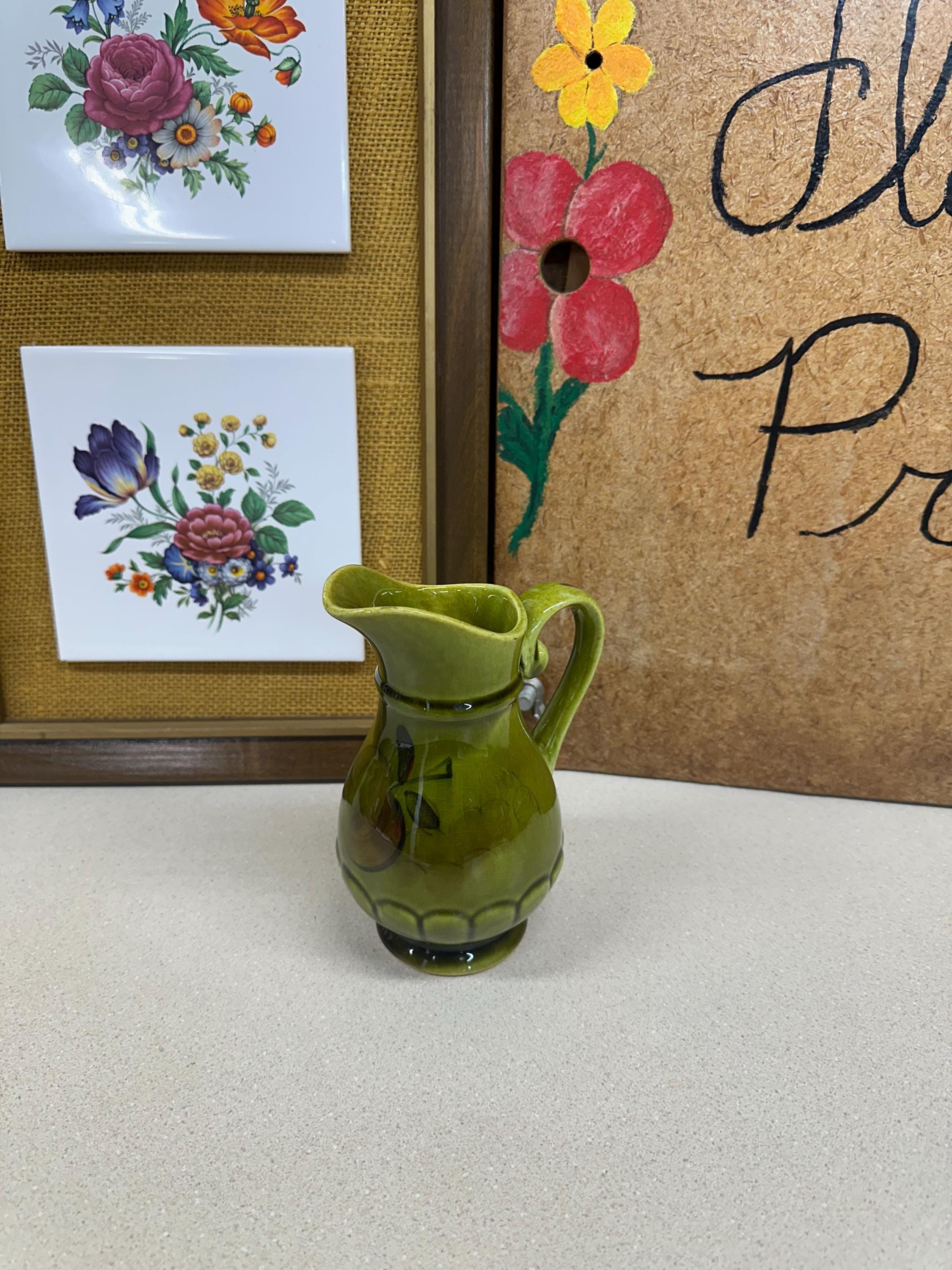 Vintage LA Potteries Creamer: Avocado Green Small Pitcher, Fruit Decor