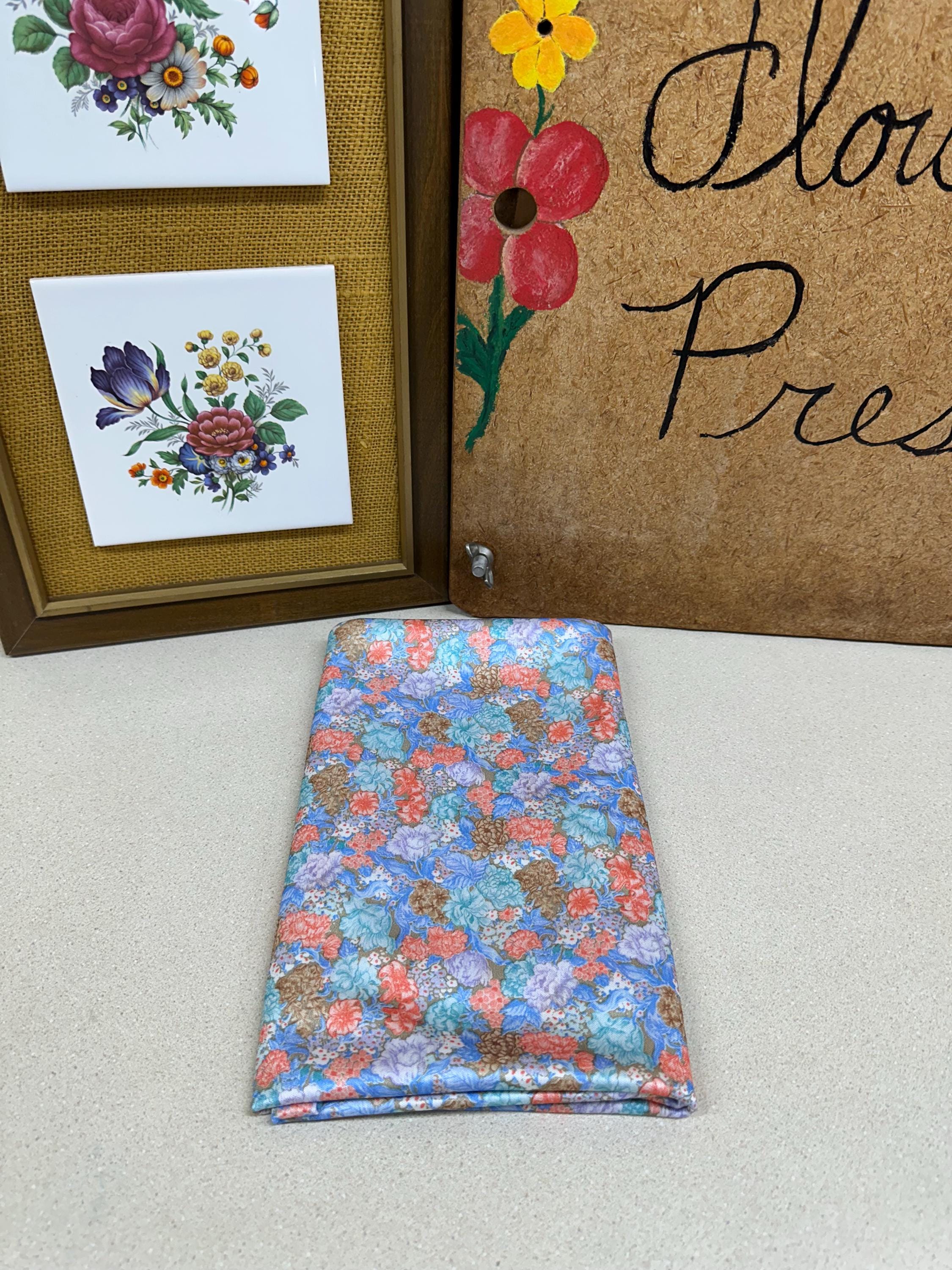 Vintage Fabric Material Textiles Floral Stretchy Peach Blue Brown 58 x 40 Inches