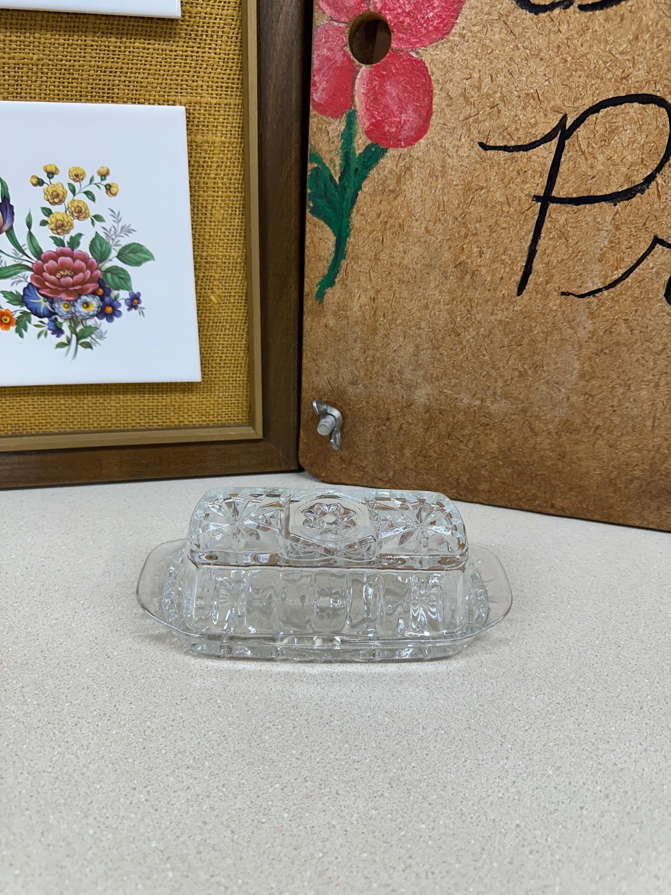 Vintage Butter Dish Clear Glass Cut Glass Star of David Pattern USA