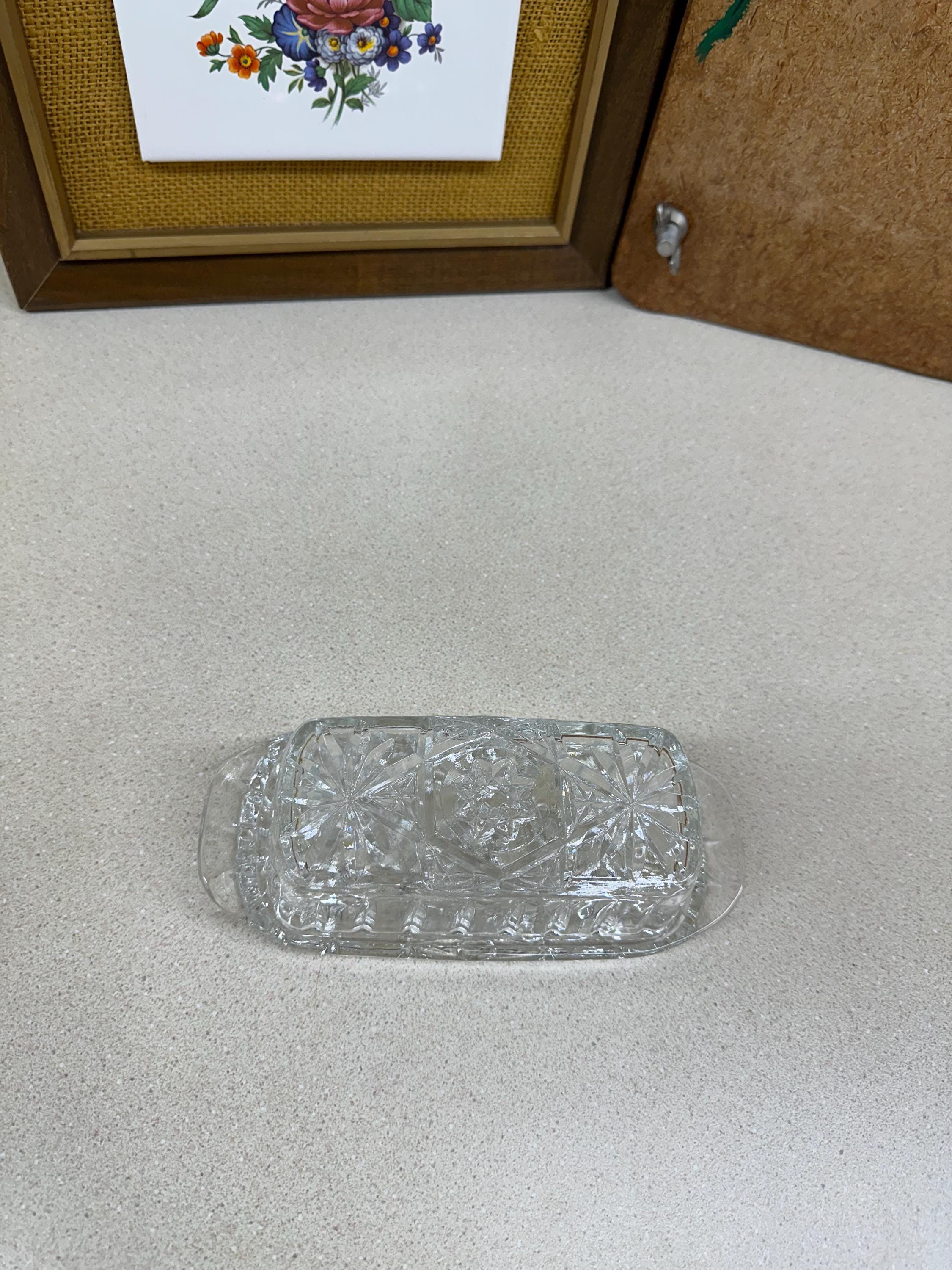 Vintage Butter Dish Clear Glass Cut Glass Star of David Pattern USA