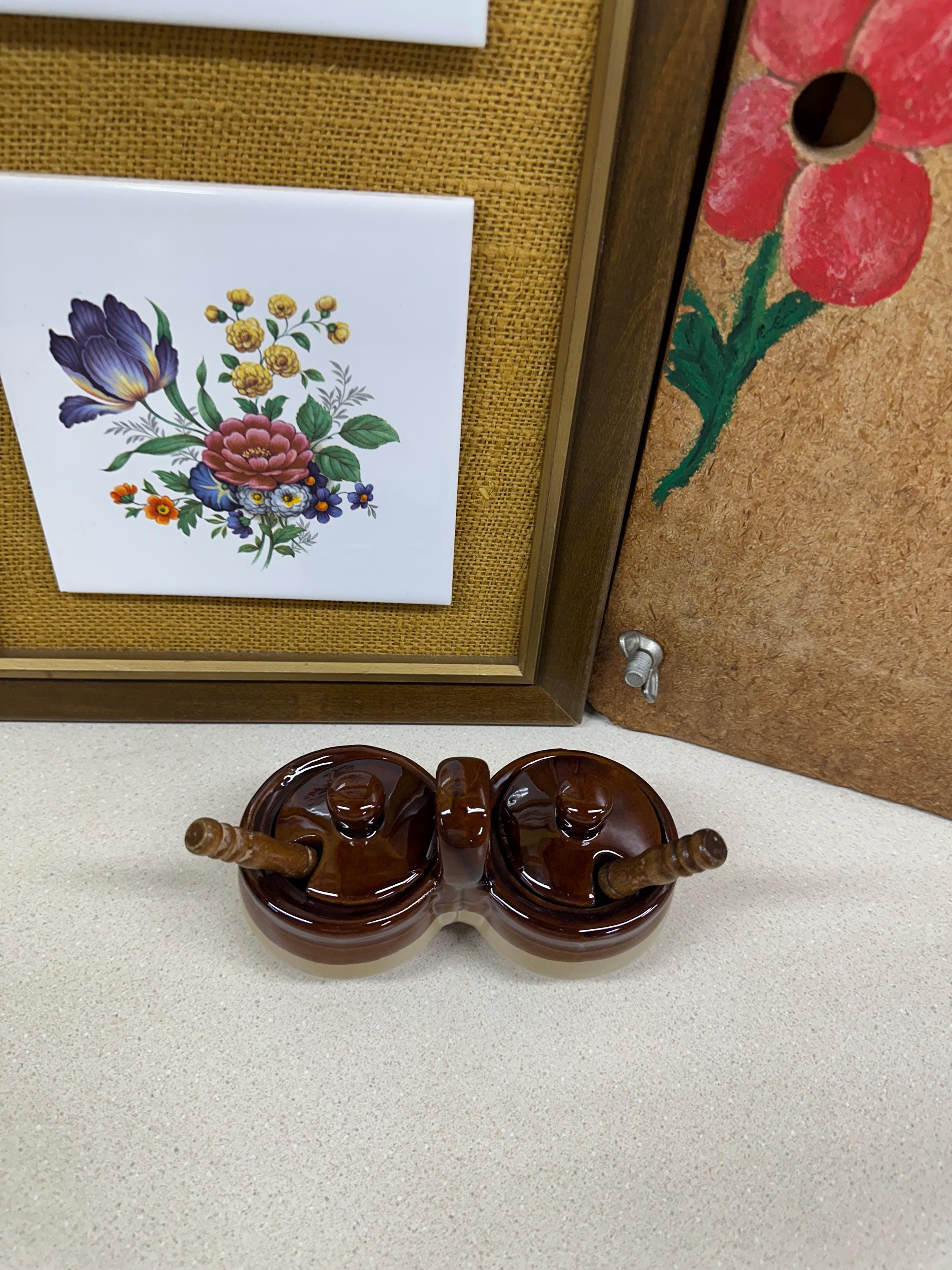 Vintage Joined Sugar Salt Bowls: Wood Spoons, Trinket Holder