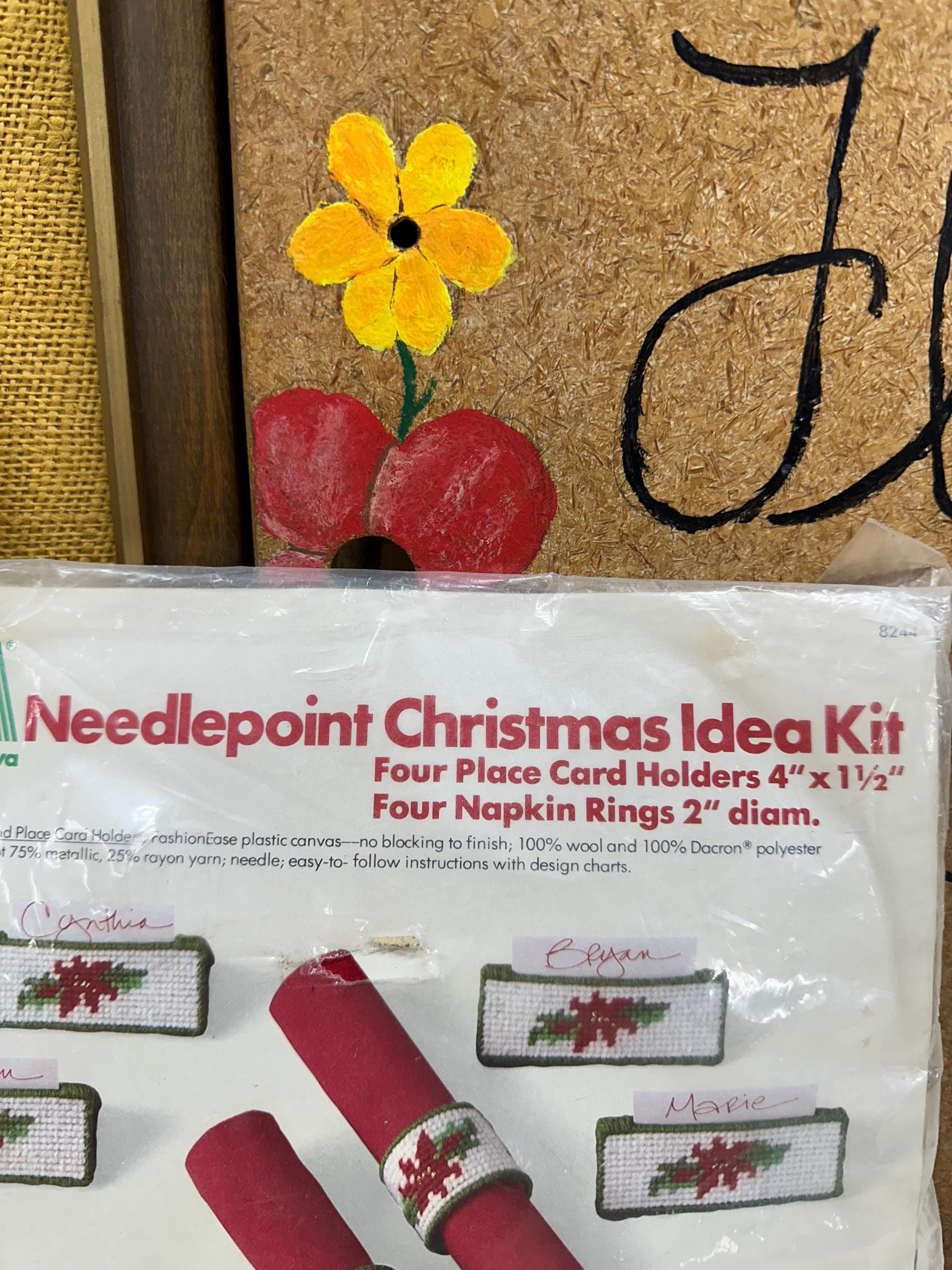 Vintage Needlepoint Crewel Christmas Kit: Napkin Rings & Place Cards - Made in USA