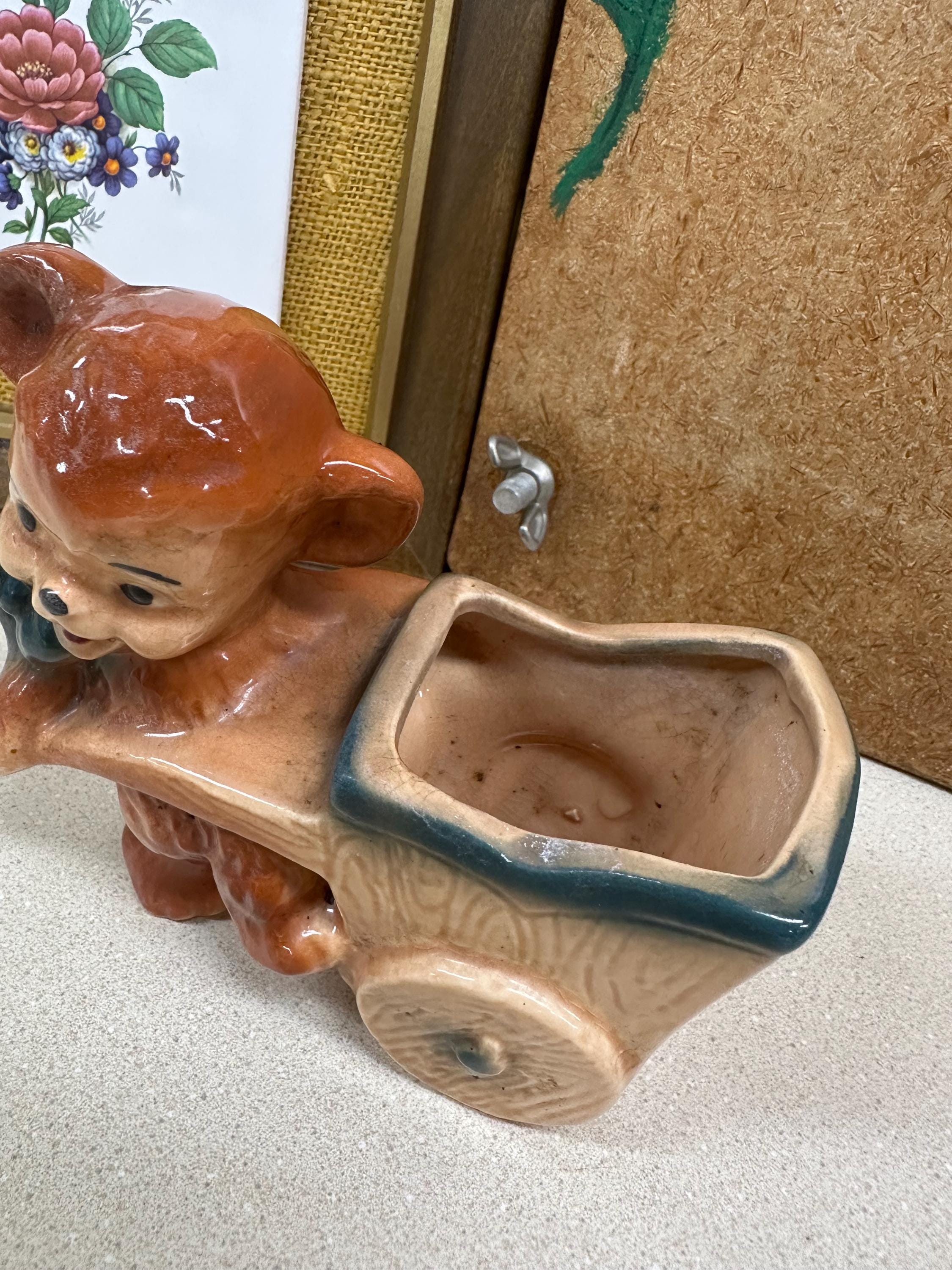 Vintage Bear Wagon Pottery Planter: USA Wheelbarrow Plant Vessel