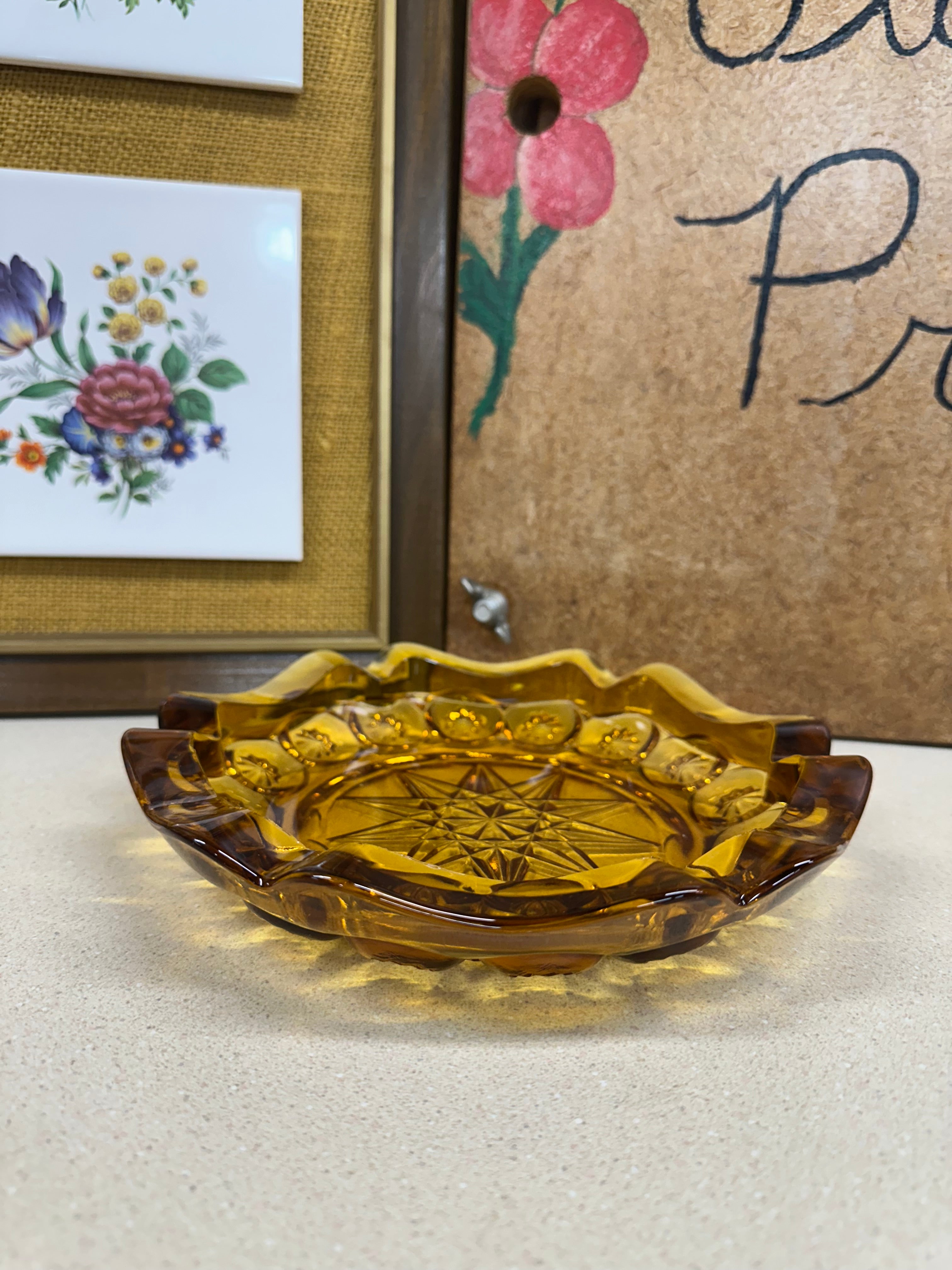 Vintage Amber Glass Ashtray Moon & Stars