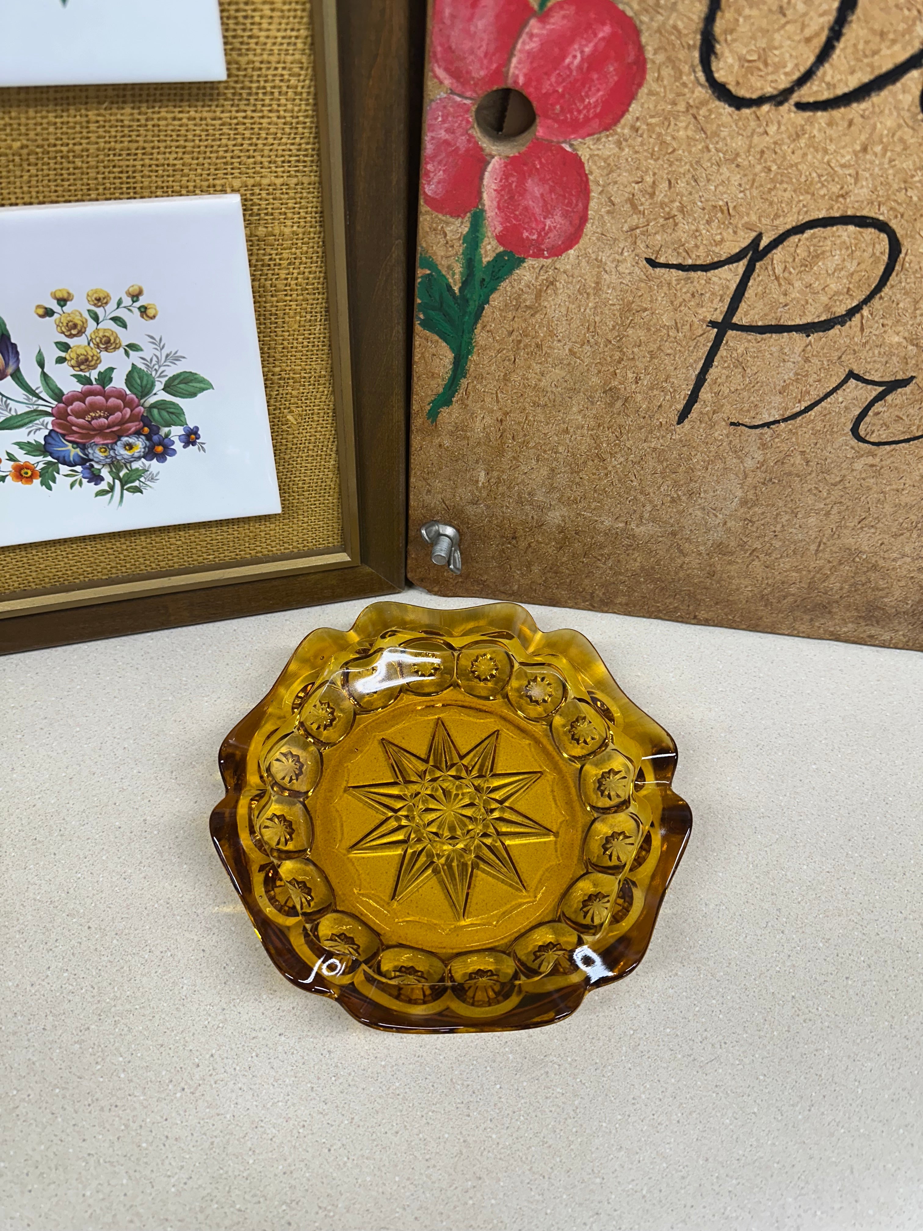 Vintage Amber Glass Ashtray Moon & Stars