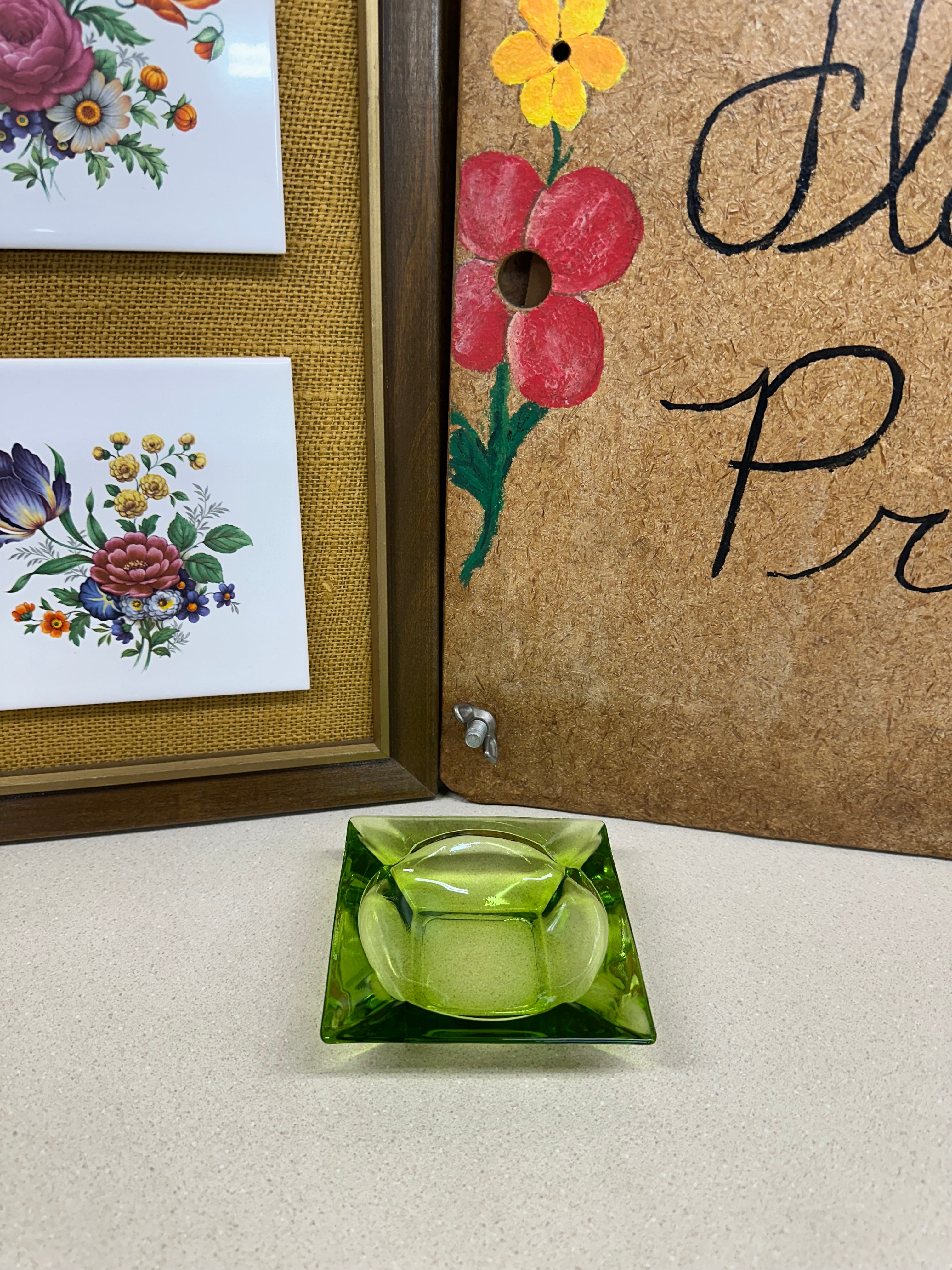 Vintage Glass Ashtray Green Square
