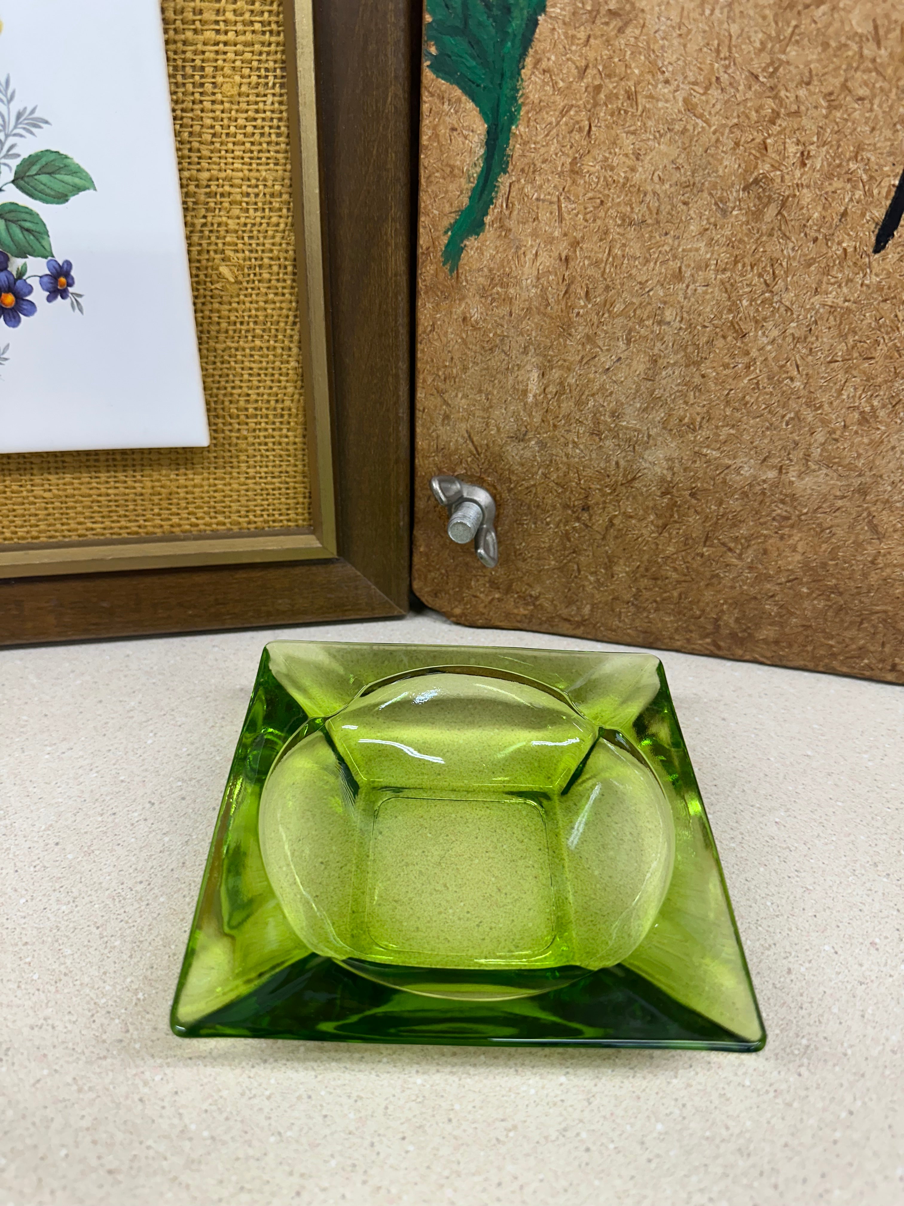 Vintage Glass Ashtray Green Square