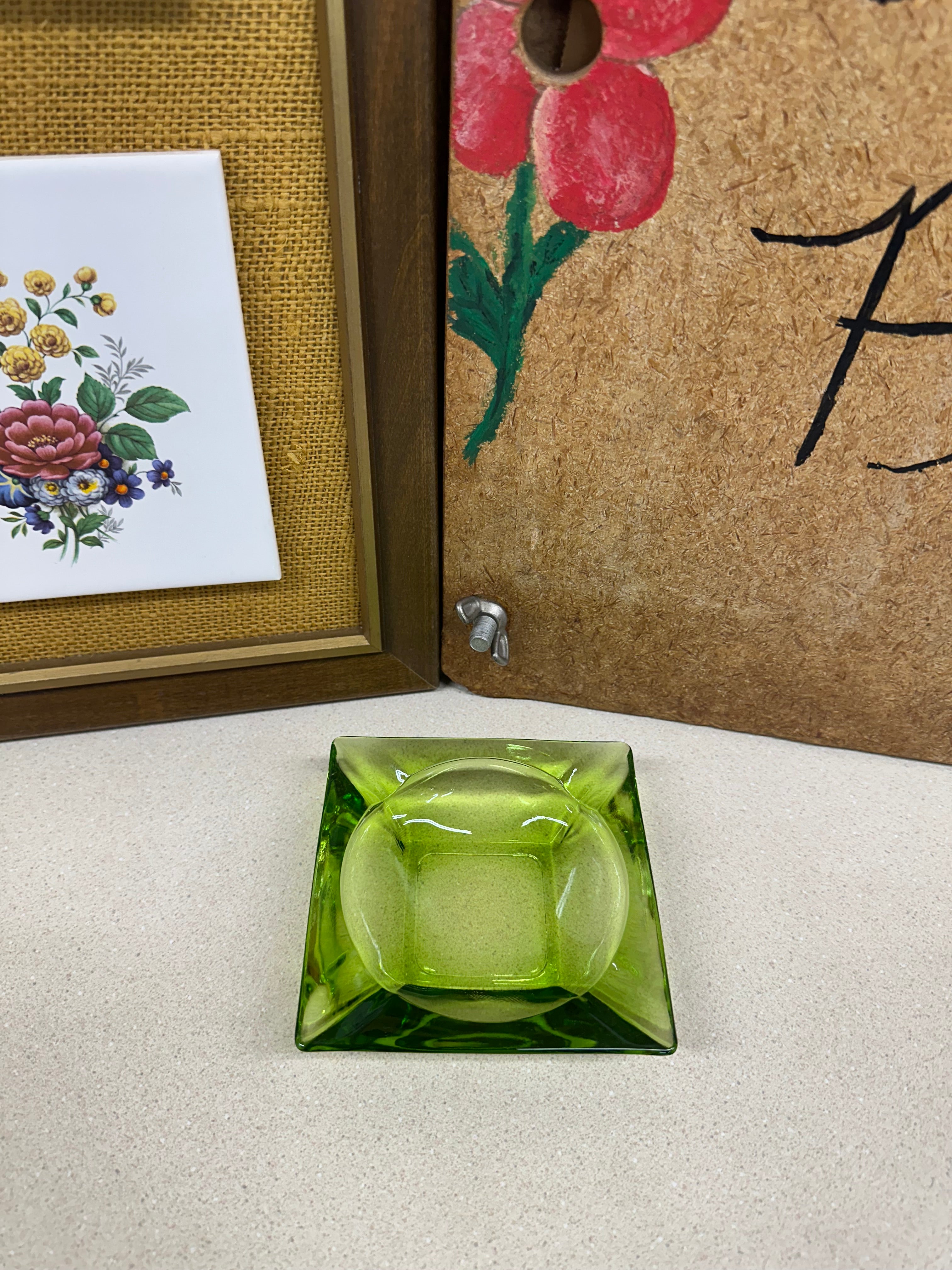 Vintage Glass Ashtray Green Square