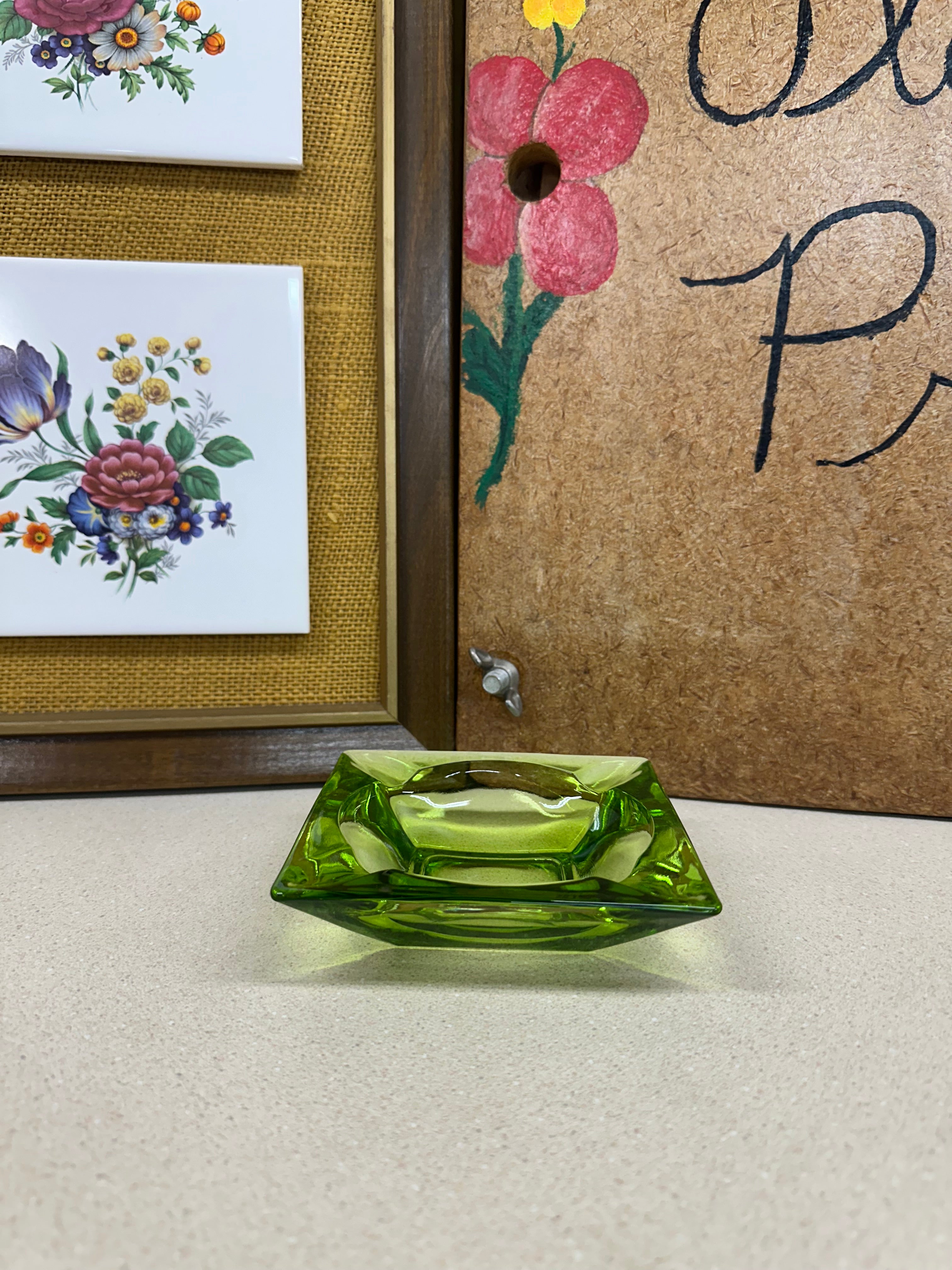 Vintage Glass Ashtray Green Square