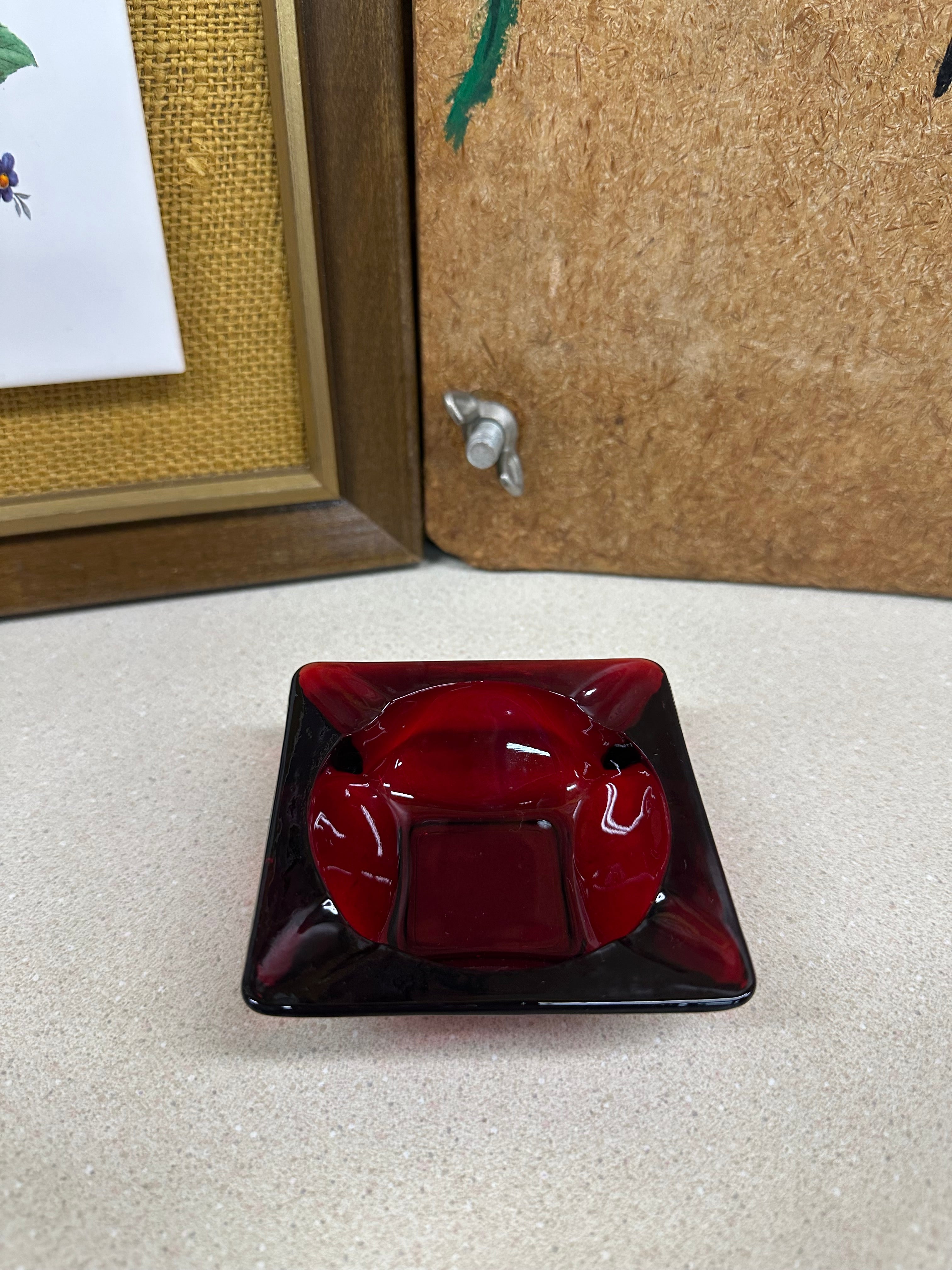 Vintage Glass Ashtray Red Small Square