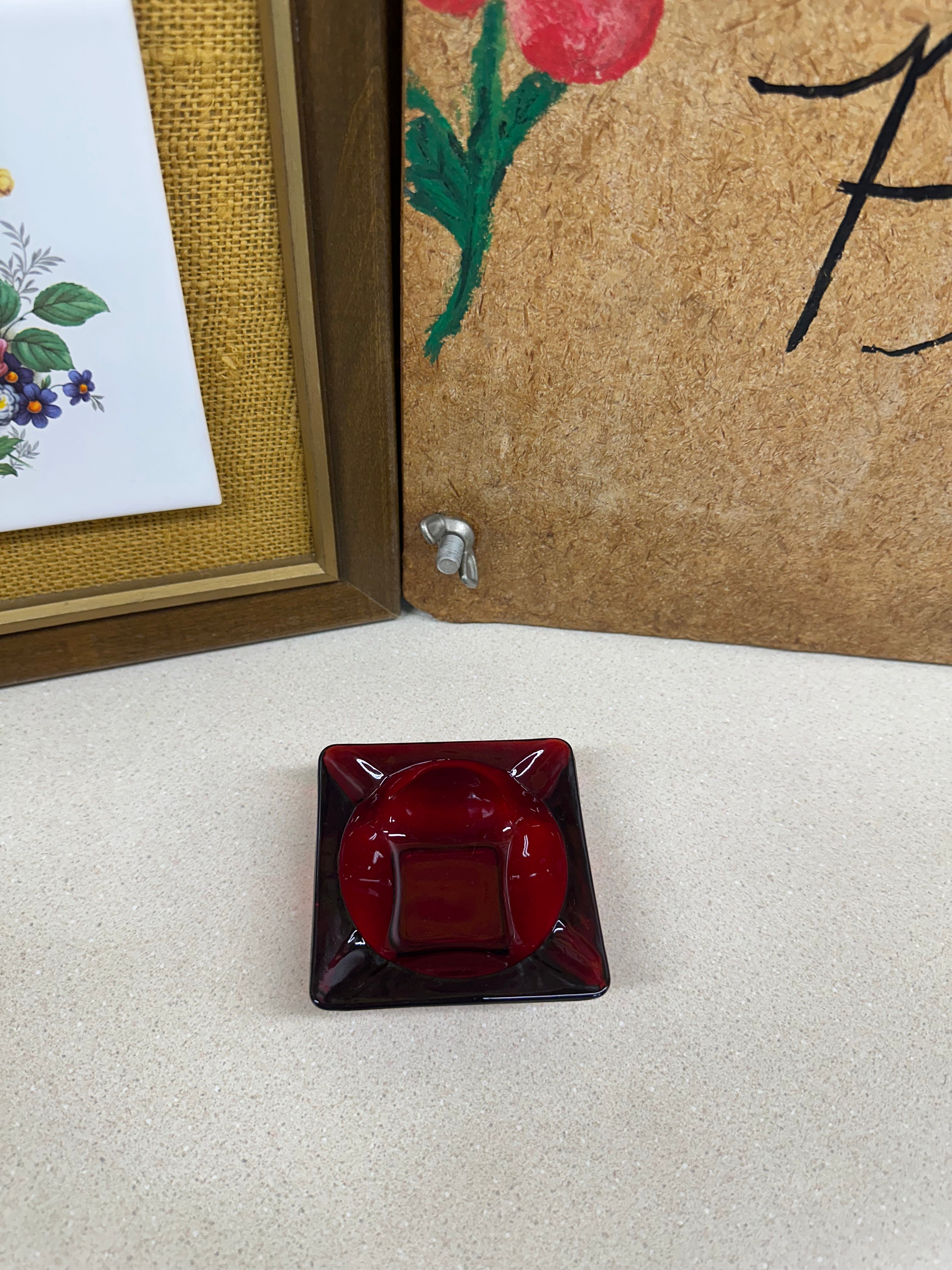 Vintage Glass Ashtray Red Small Square