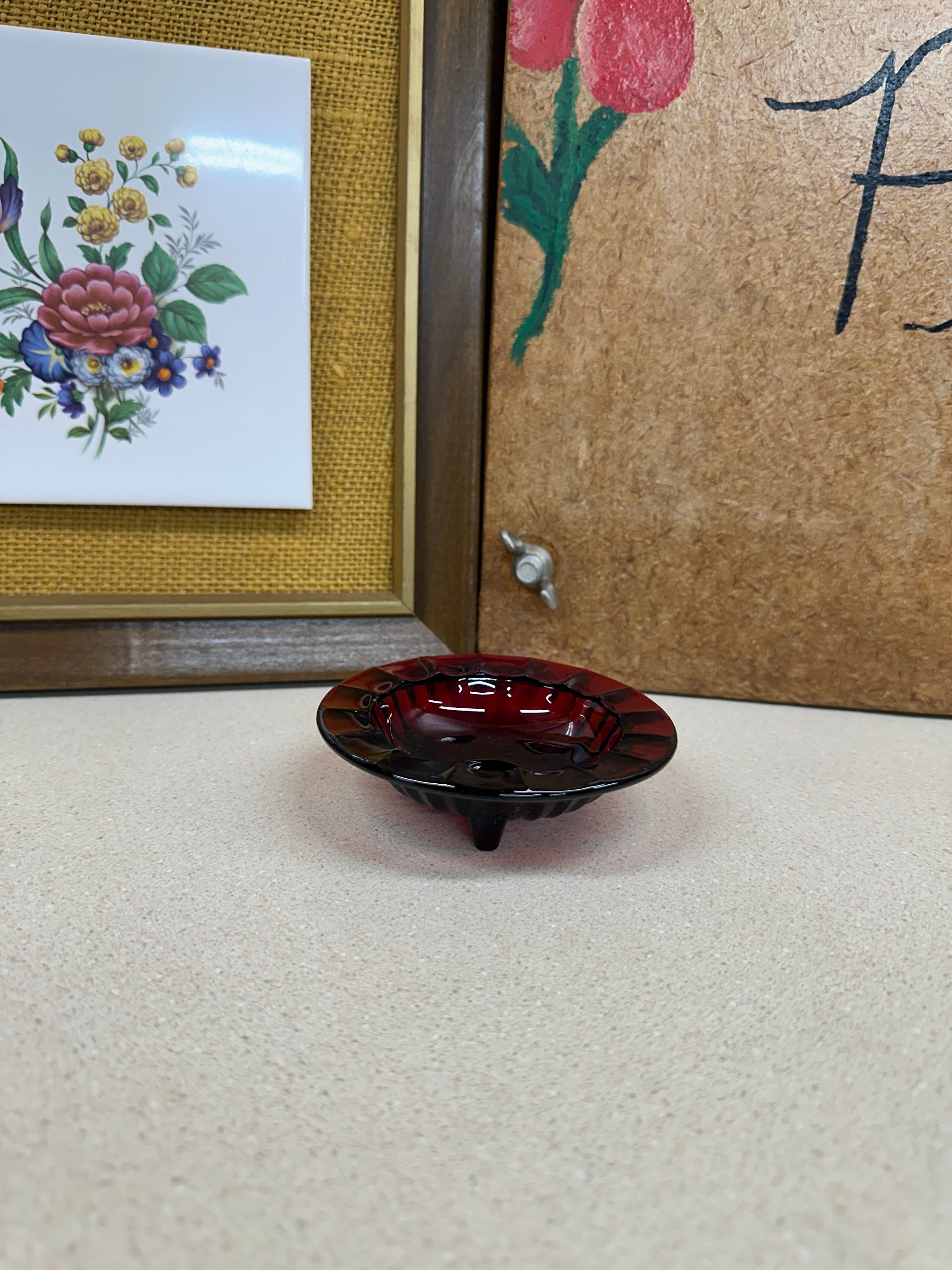 Vintage Glass Ashtray Red Small Round 3 Leg Base