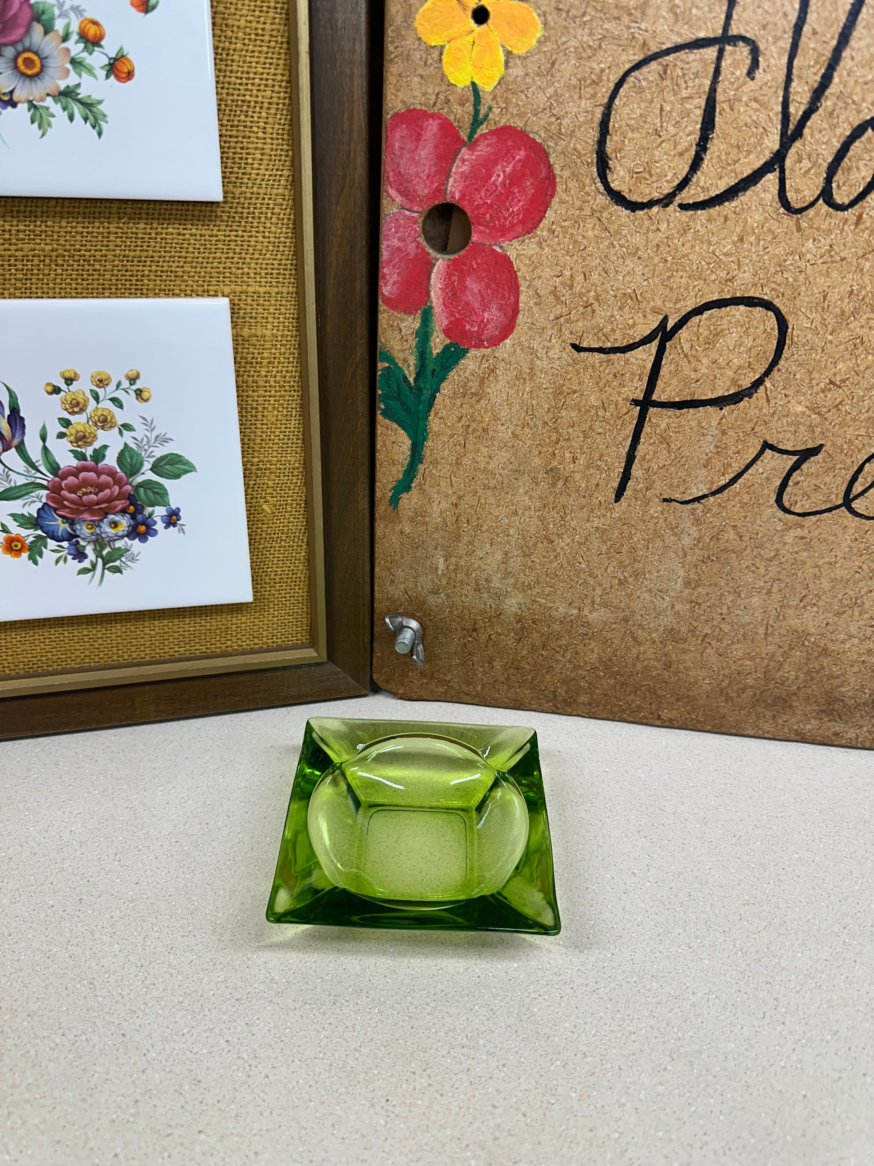 Vintage Glass Ashtray Green Square