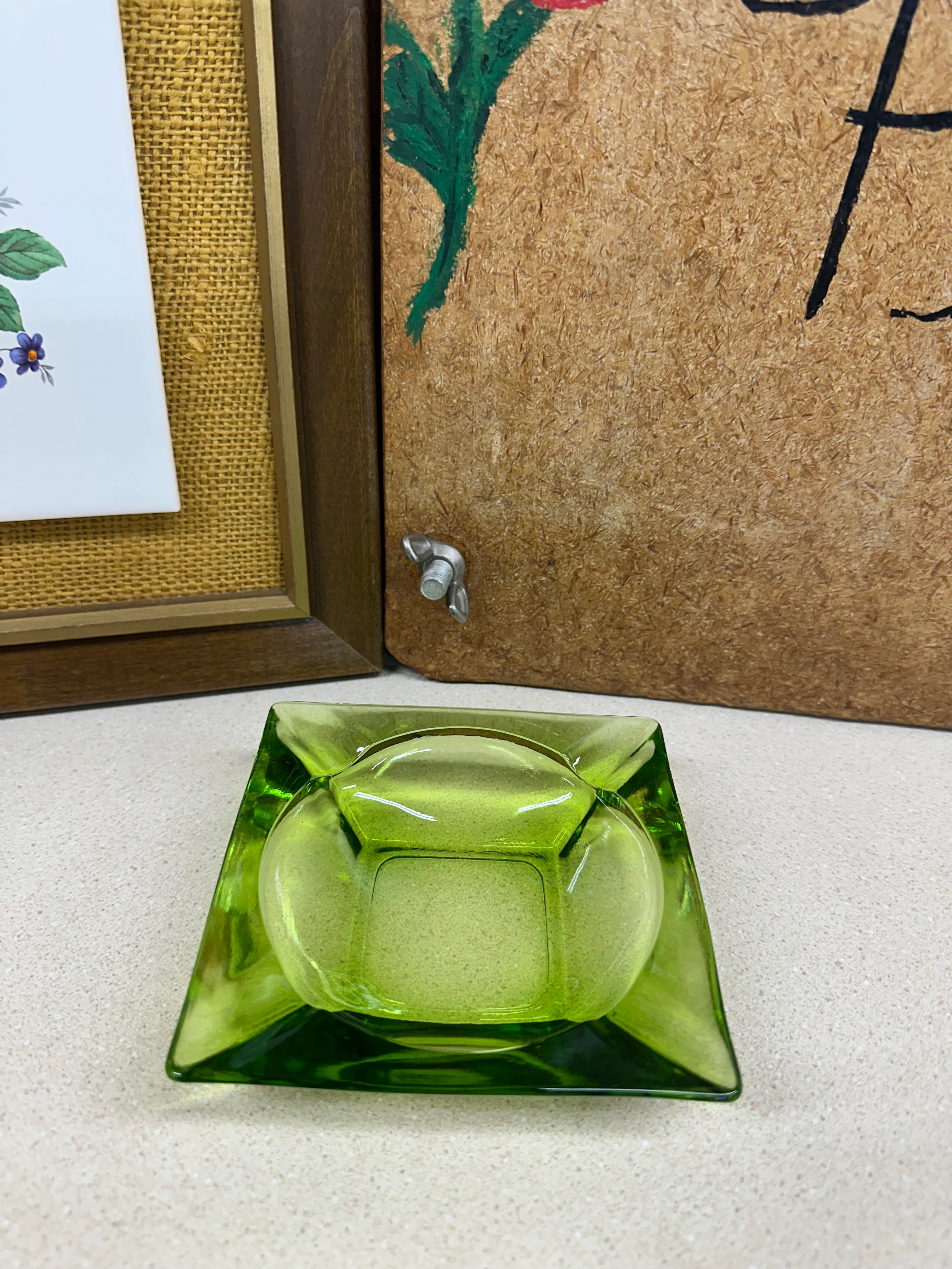 Vintage Glass Ashtray Green Square