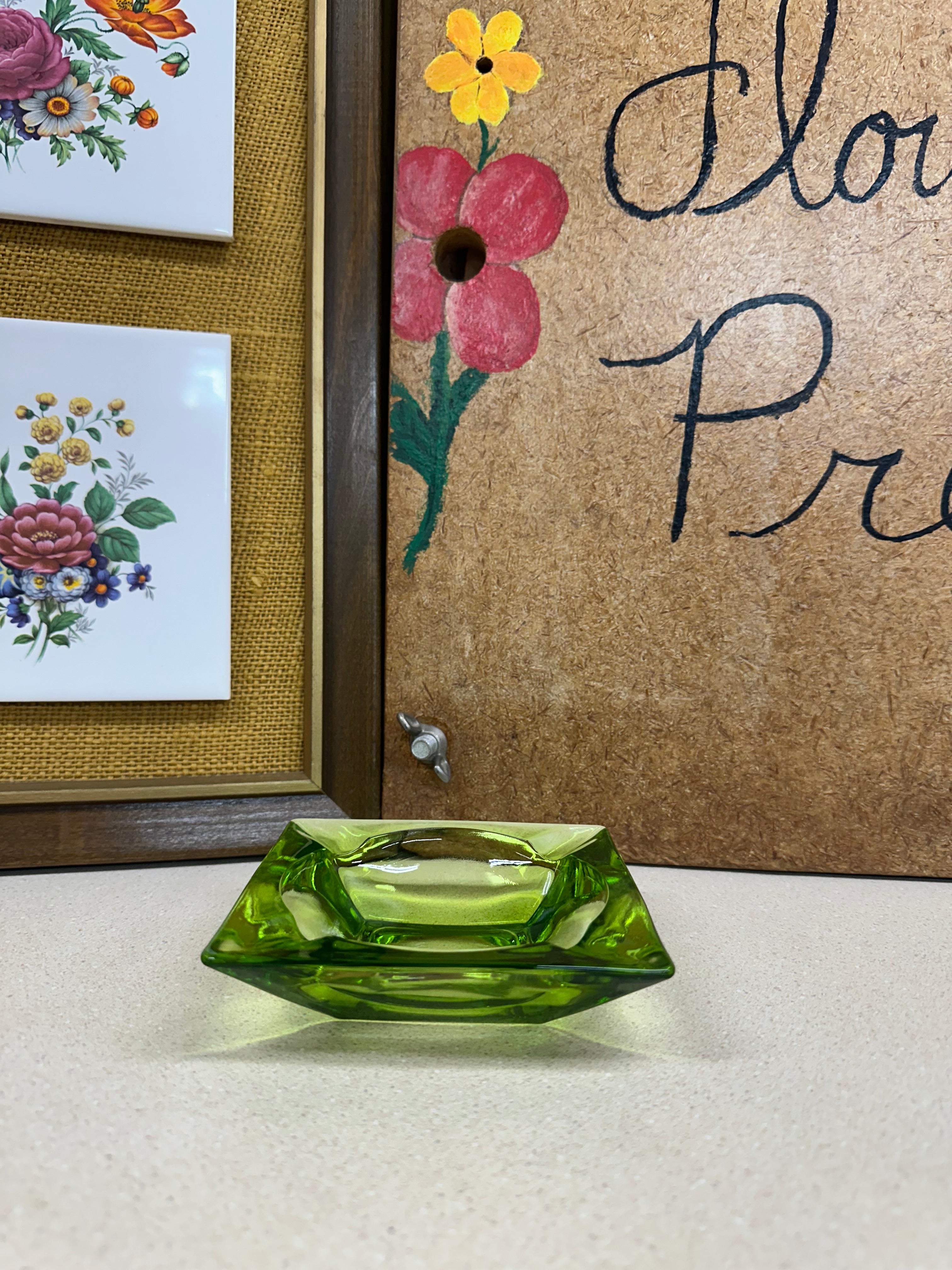 Vintage Glass Ashtray Green Square