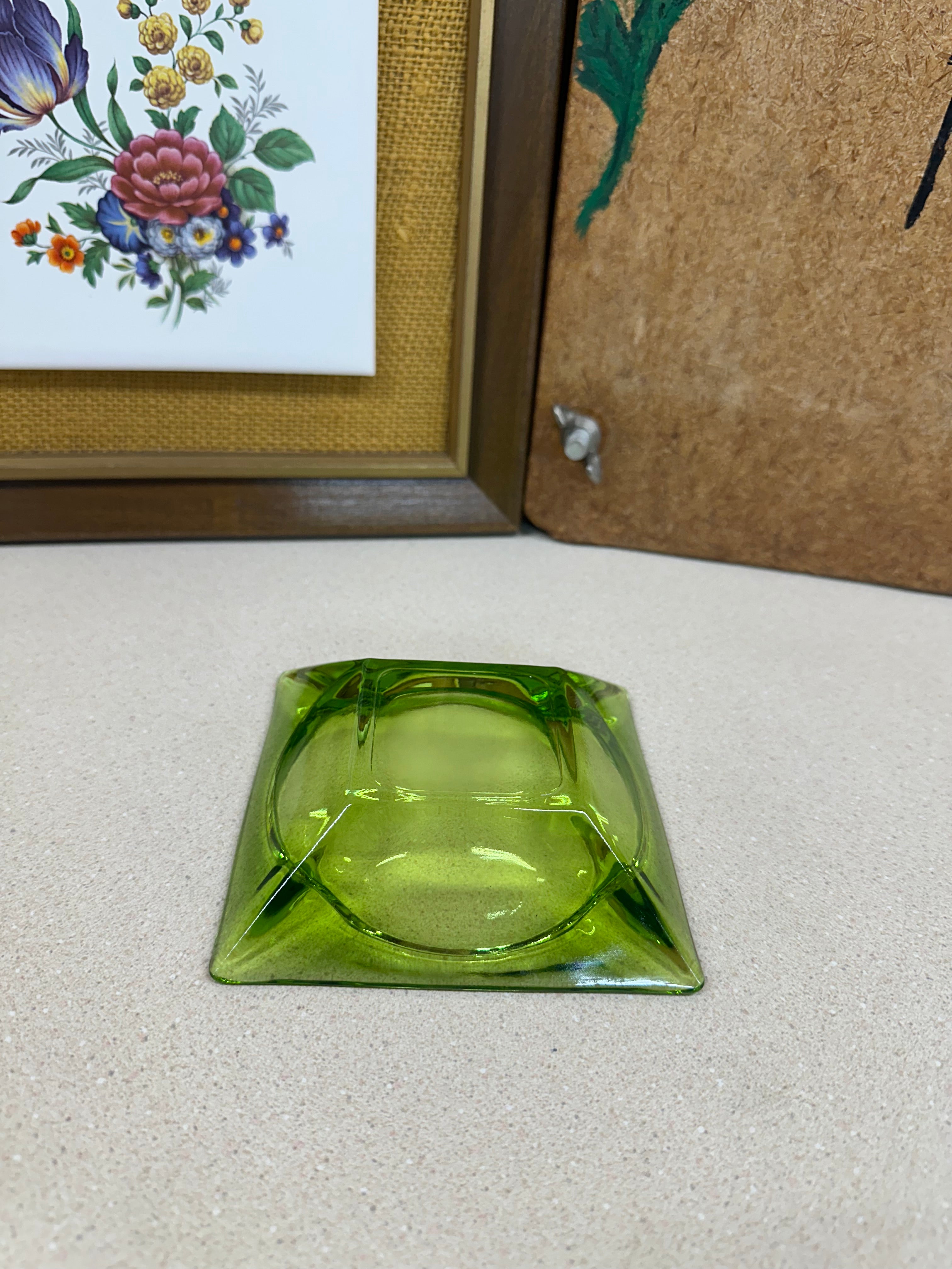 Vintage Glass Ashtray Green Square
