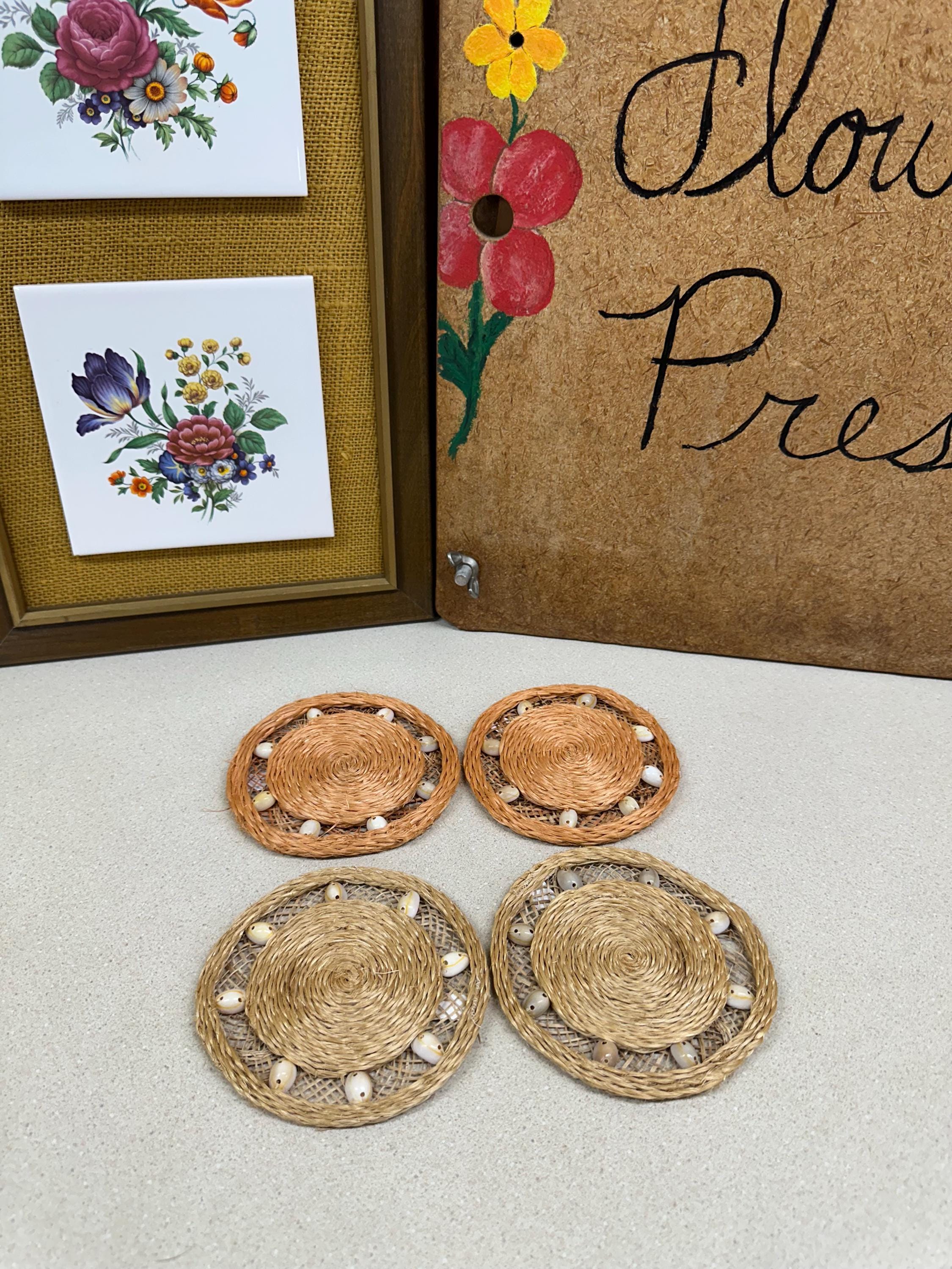 Vintage Abaca Coasters, Shell Accents - Set of 4