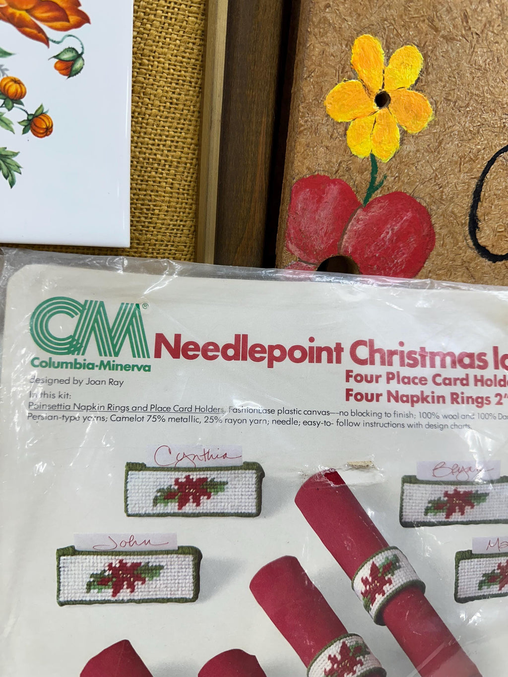 Vintage Needlepoint Crewel Christmas Kit: Napkin Rings & Place Cards - Made in USA
