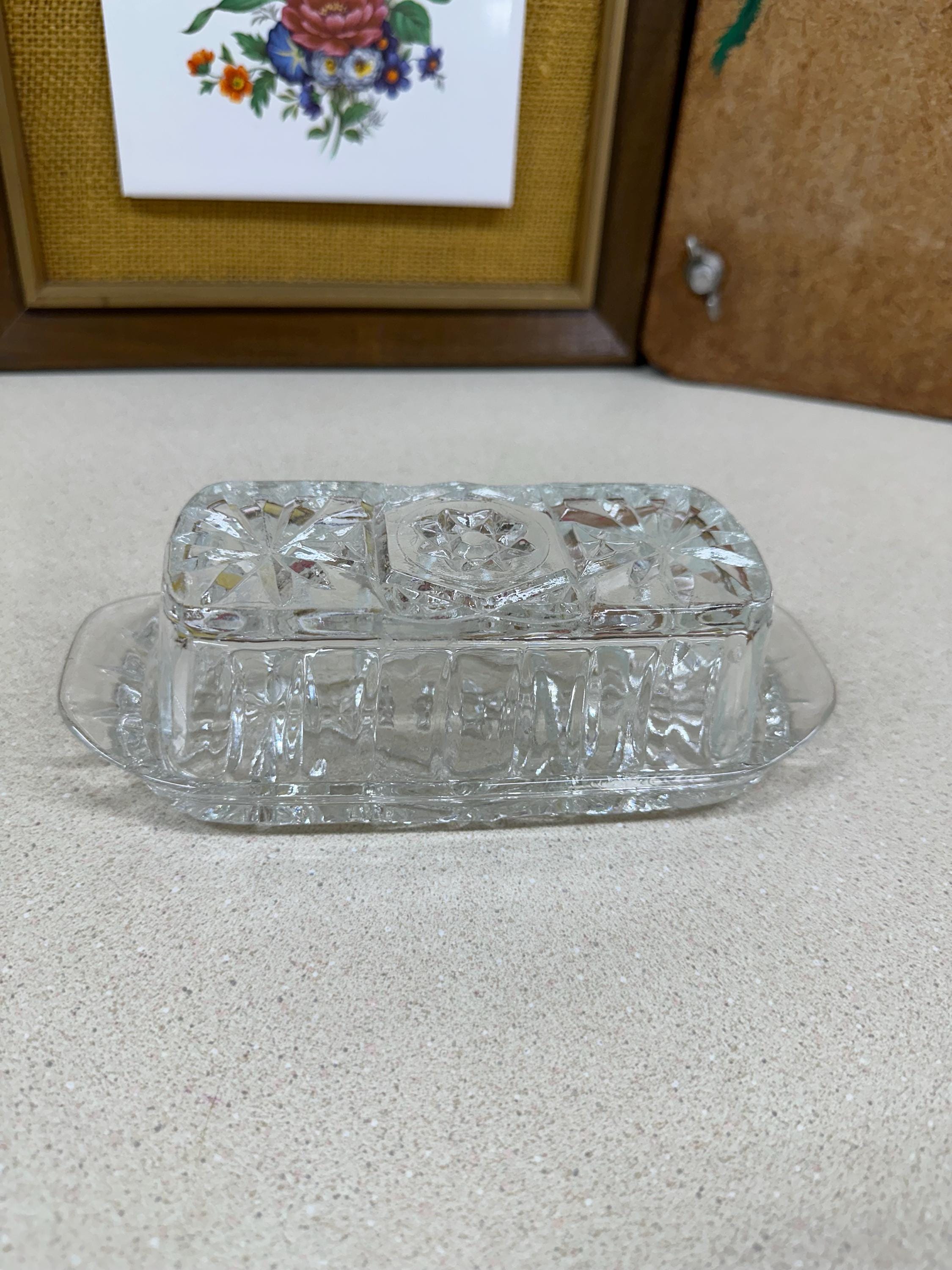 Vintage Butter Dish Clear Glass Cut Glass Star of David Pattern USA