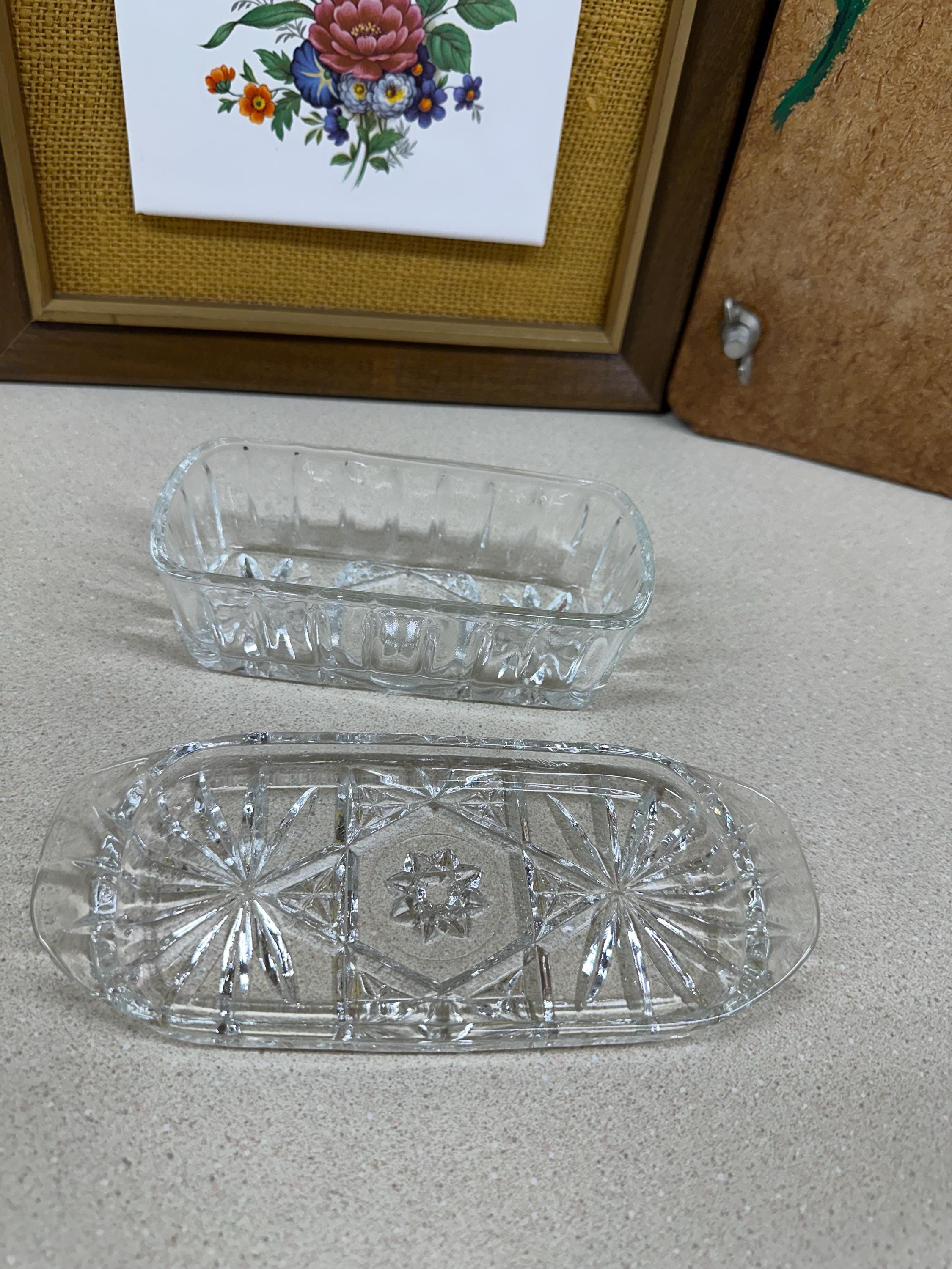 Vintage Butter Dish Clear Glass Cut Glass Star of David Pattern USA