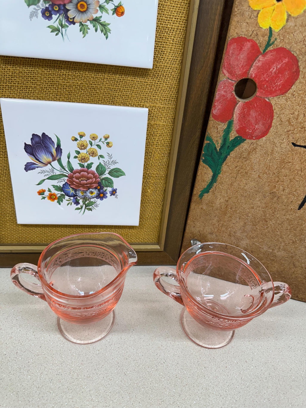 Vintage Creamer & Sugar Bowl Pink Rose Glass Cream and Sugar Set of 2