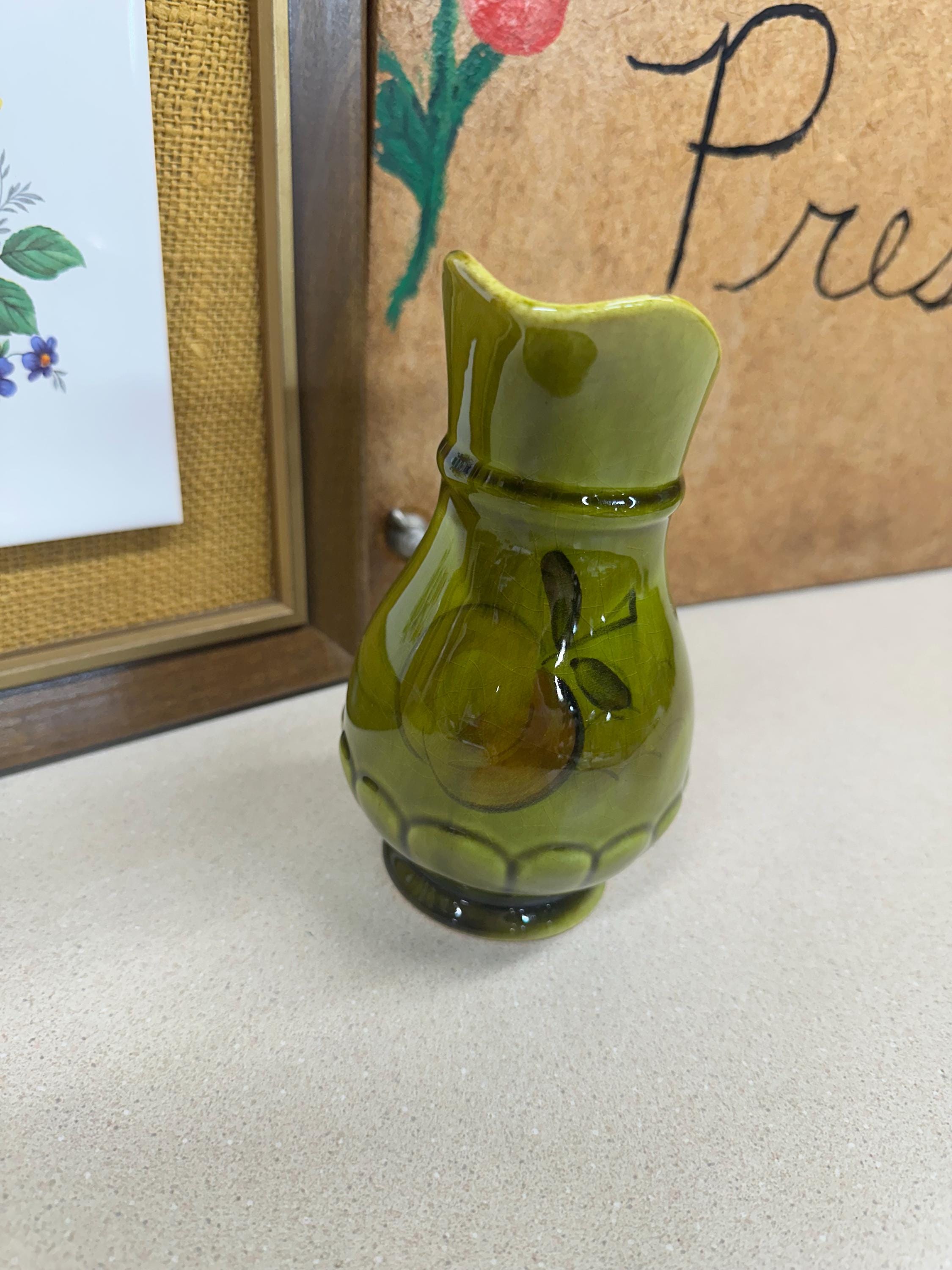 Vintage LA Potteries Creamer: Avocado Green Small Pitcher, Fruit Decor