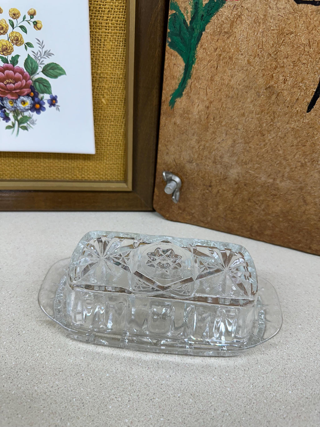 Vintage Butter Dish Clear Glass Cut Glass Star of David Pattern USA