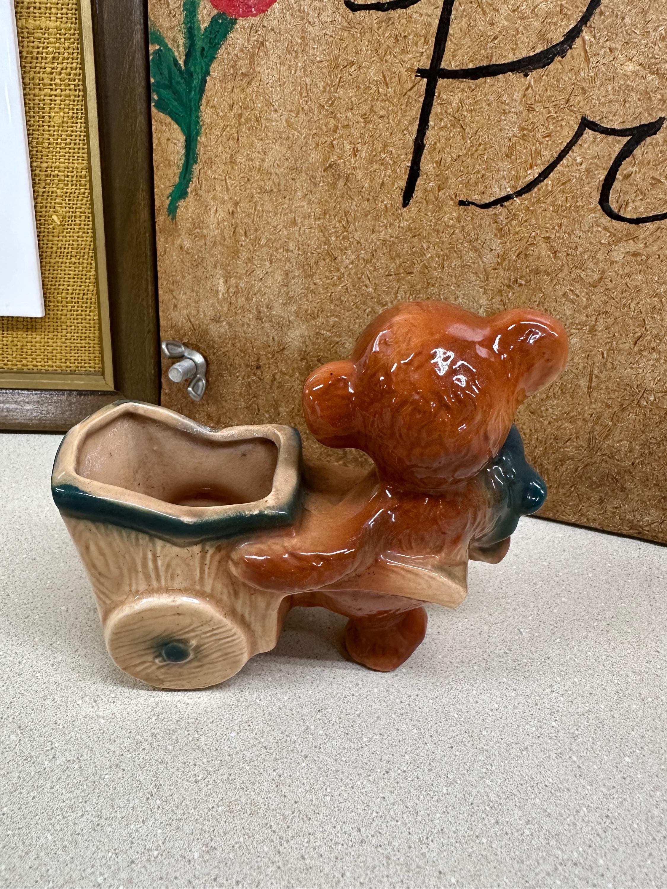 Vintage Bear Wagon Pottery Planter: USA Wheelbarrow Plant Vessel