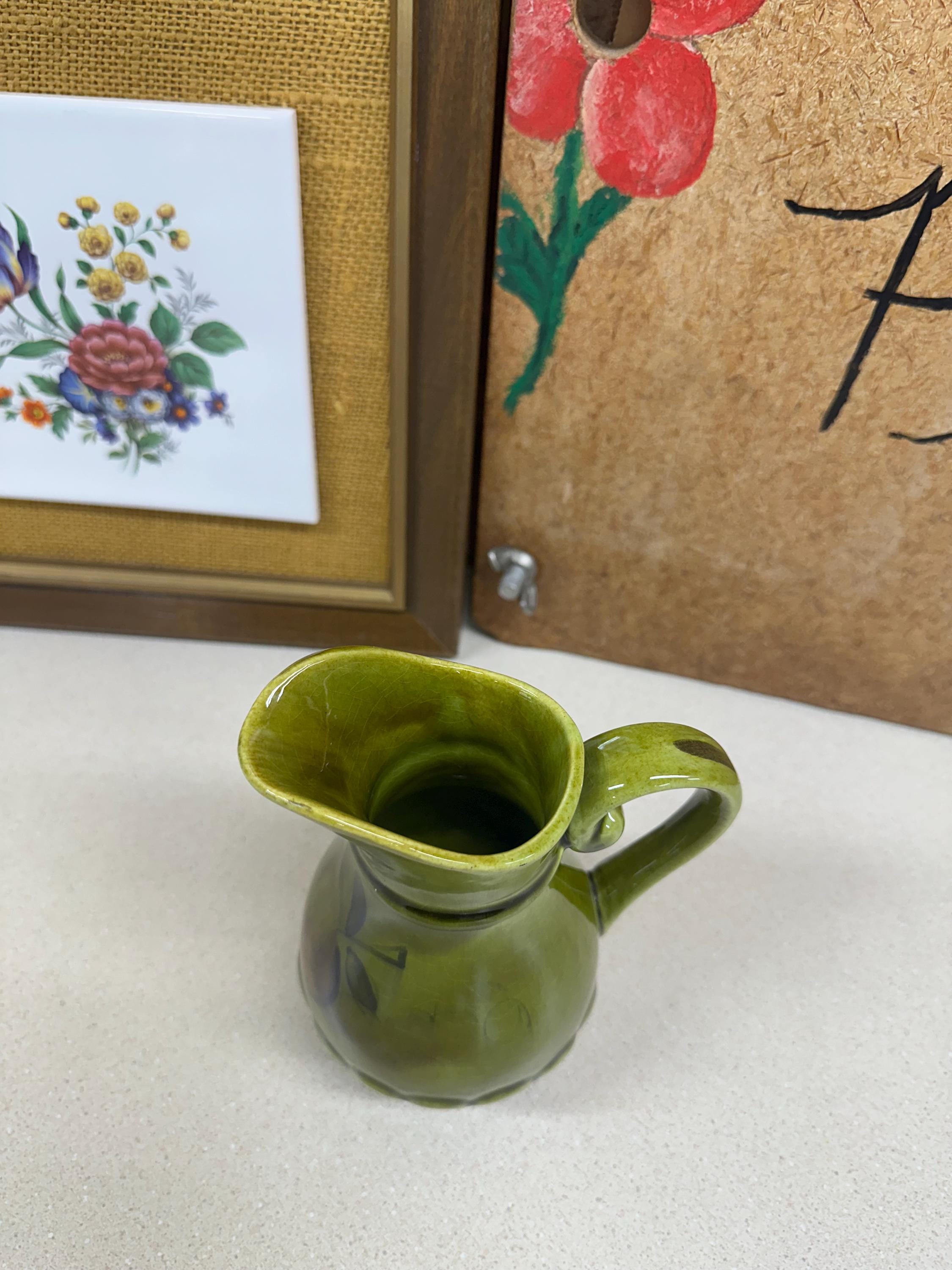 Vintage LA Potteries Creamer: Avocado Green Small Pitcher, Fruit Decor