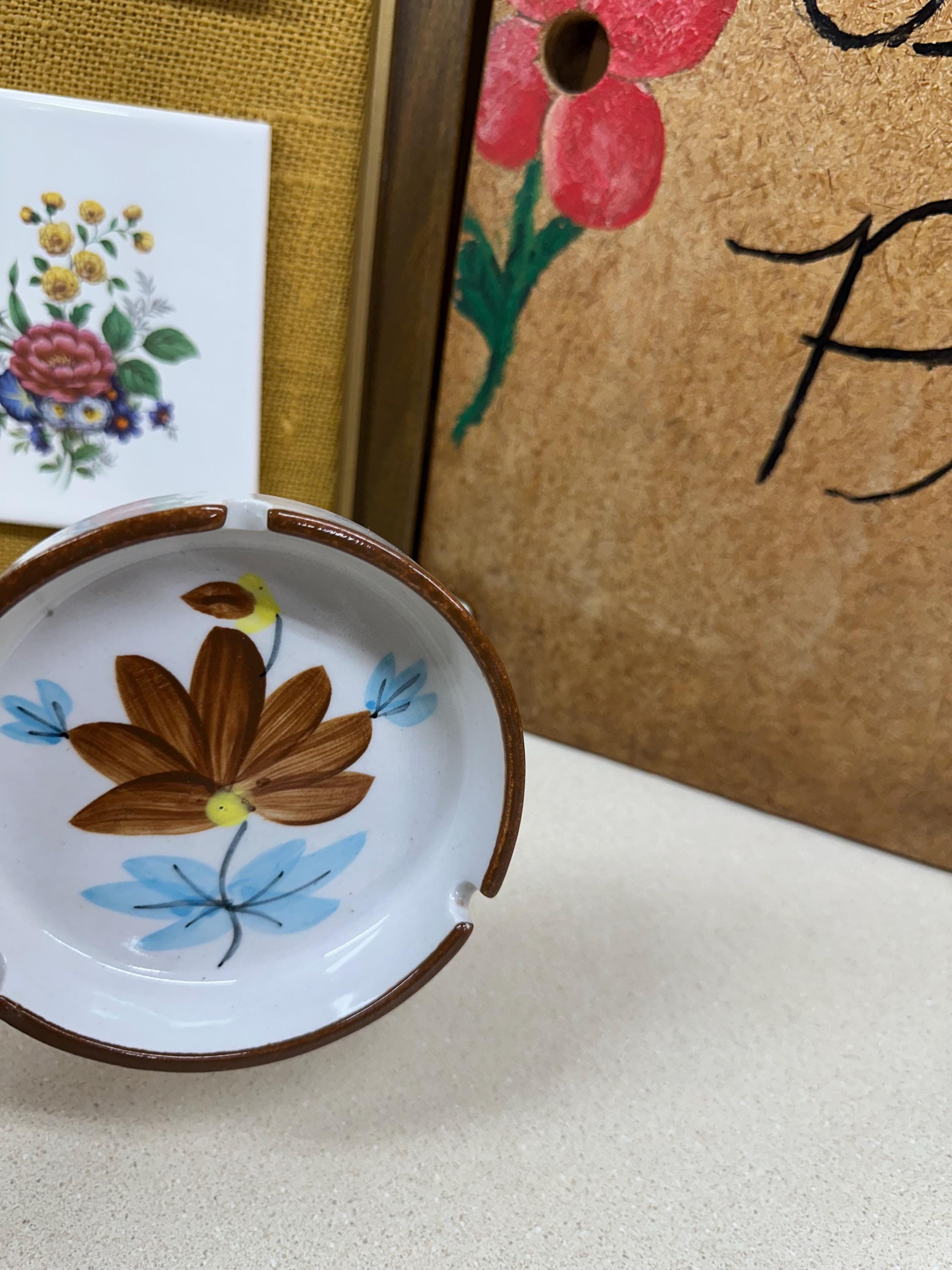 Vintage Ashtray Flowers Floral Decor Coastal Colors Japan Stoneware