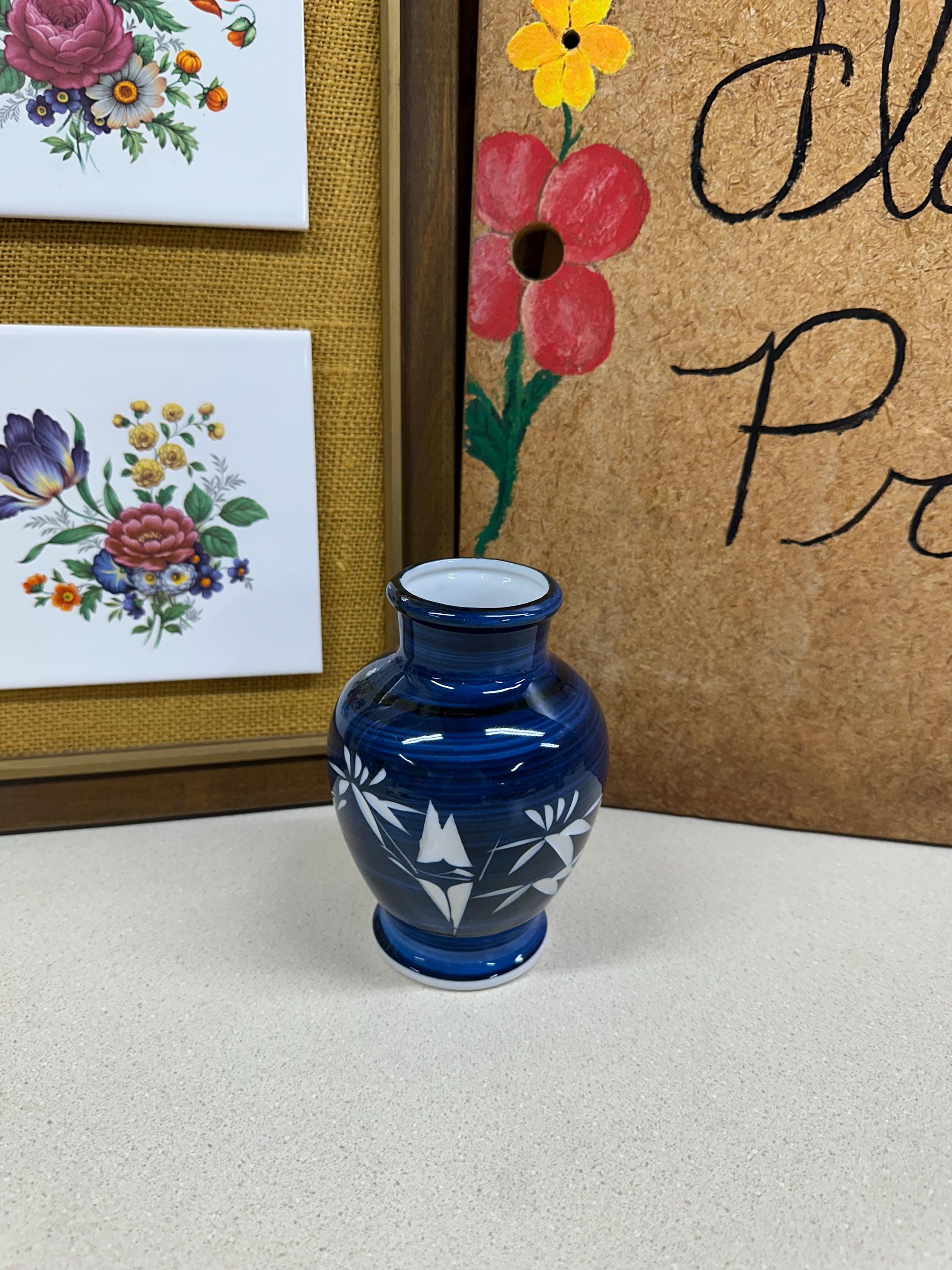 Blue Cut Glass Vase: Vintage Cottagecore Tablescape Decor