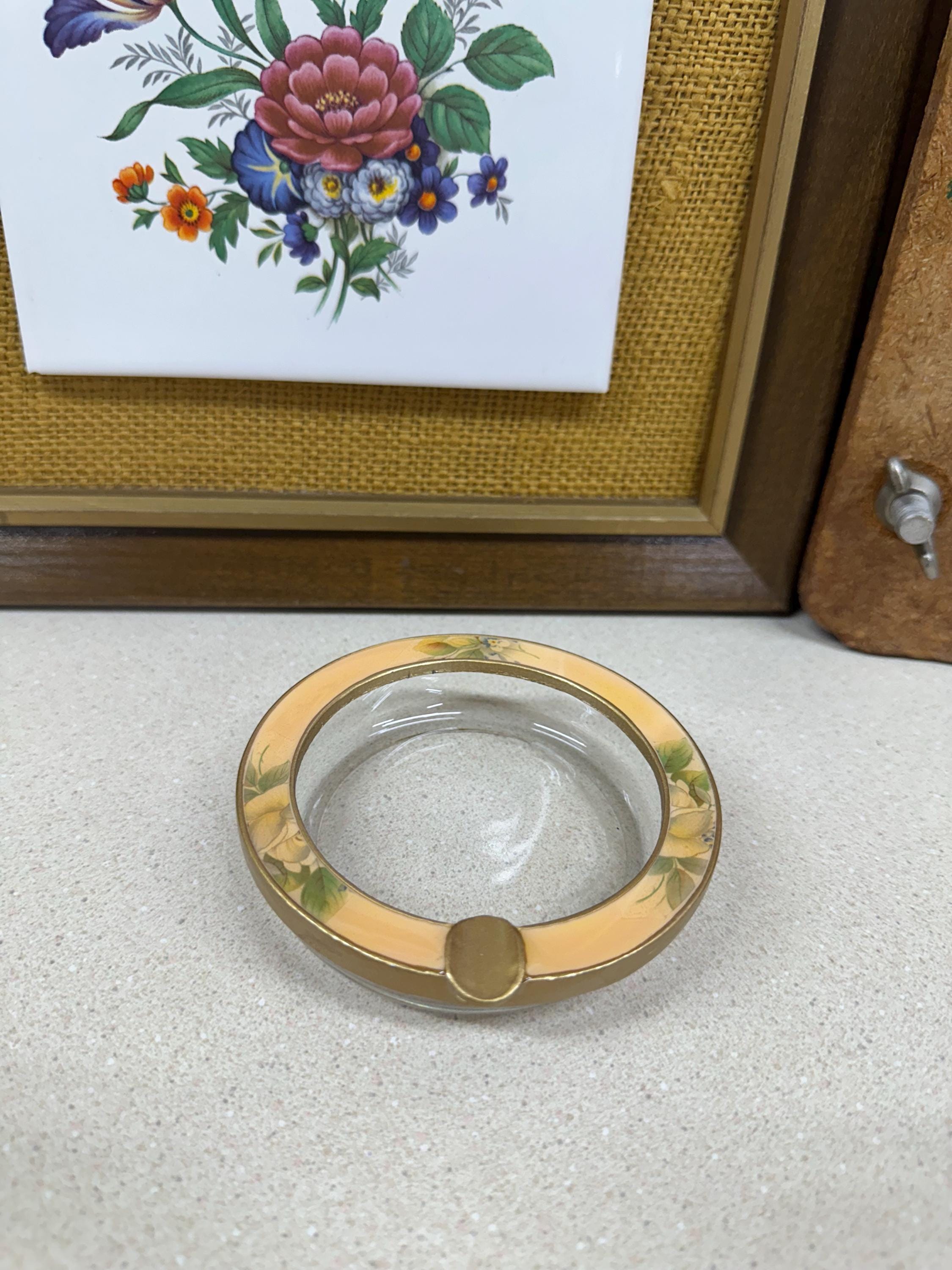 Vintage Ashtray Flowers Glass & Metal Small Round Floral Decor Retro Home Decor Chateaucore Cottagecore