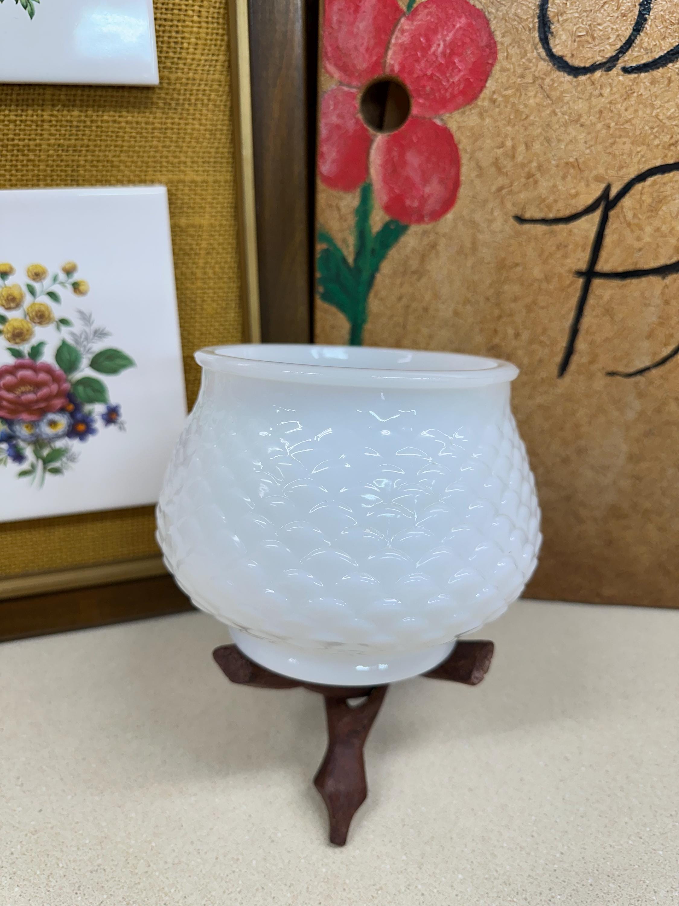 Vintage Planter White Milk Glass Vase Fish Scale Pattern Dish USA Made EO Brody