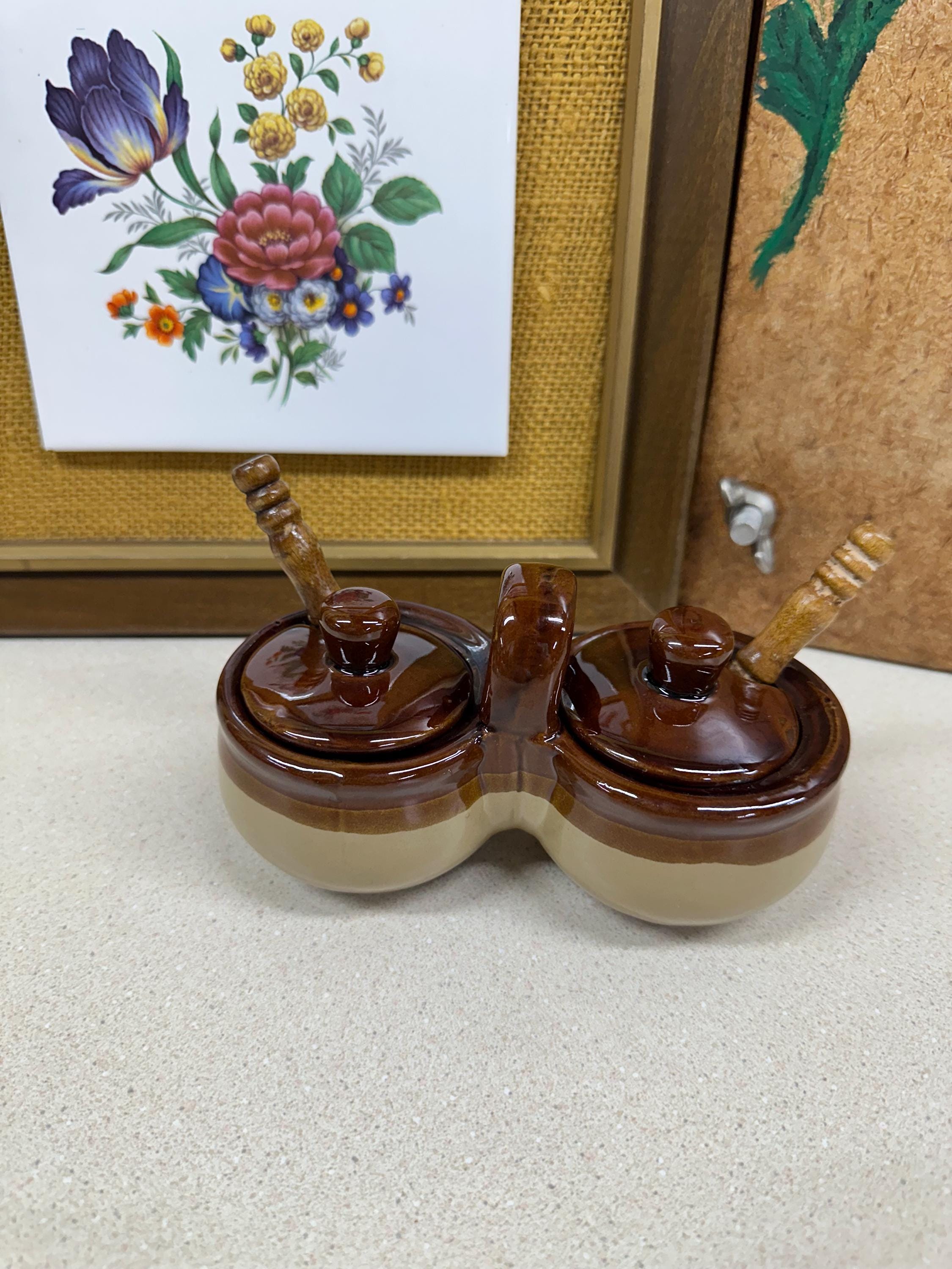 Vintage Joined Sugar Salt Bowls: Wood Spoons, Trinket Holder