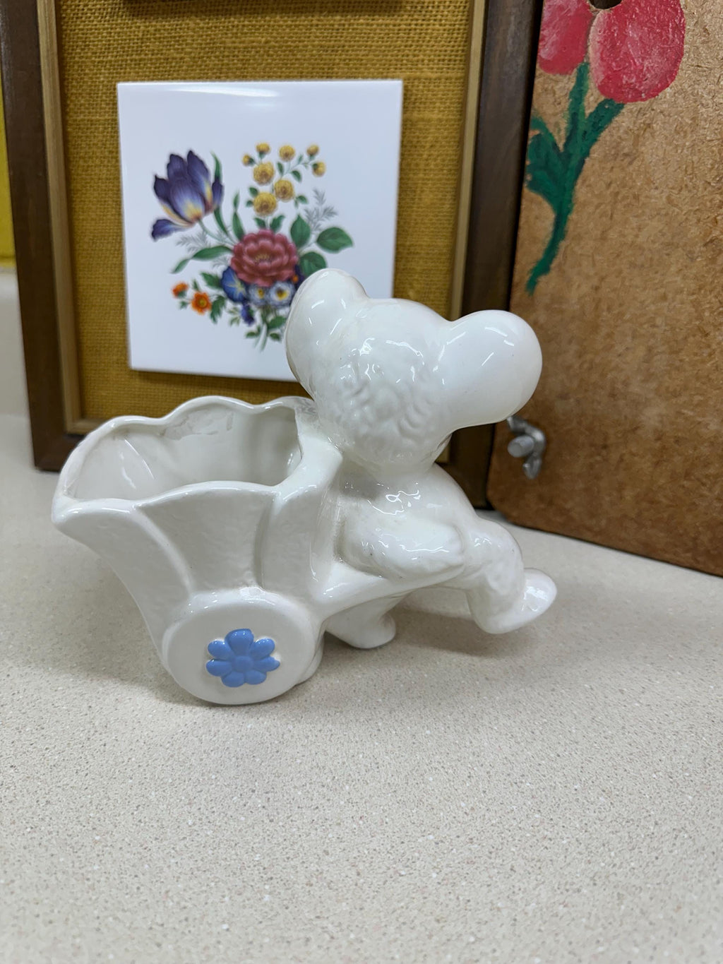 Vintage Blue Bear Pottery Planter: USA Wheelbarrow Plant Vessel