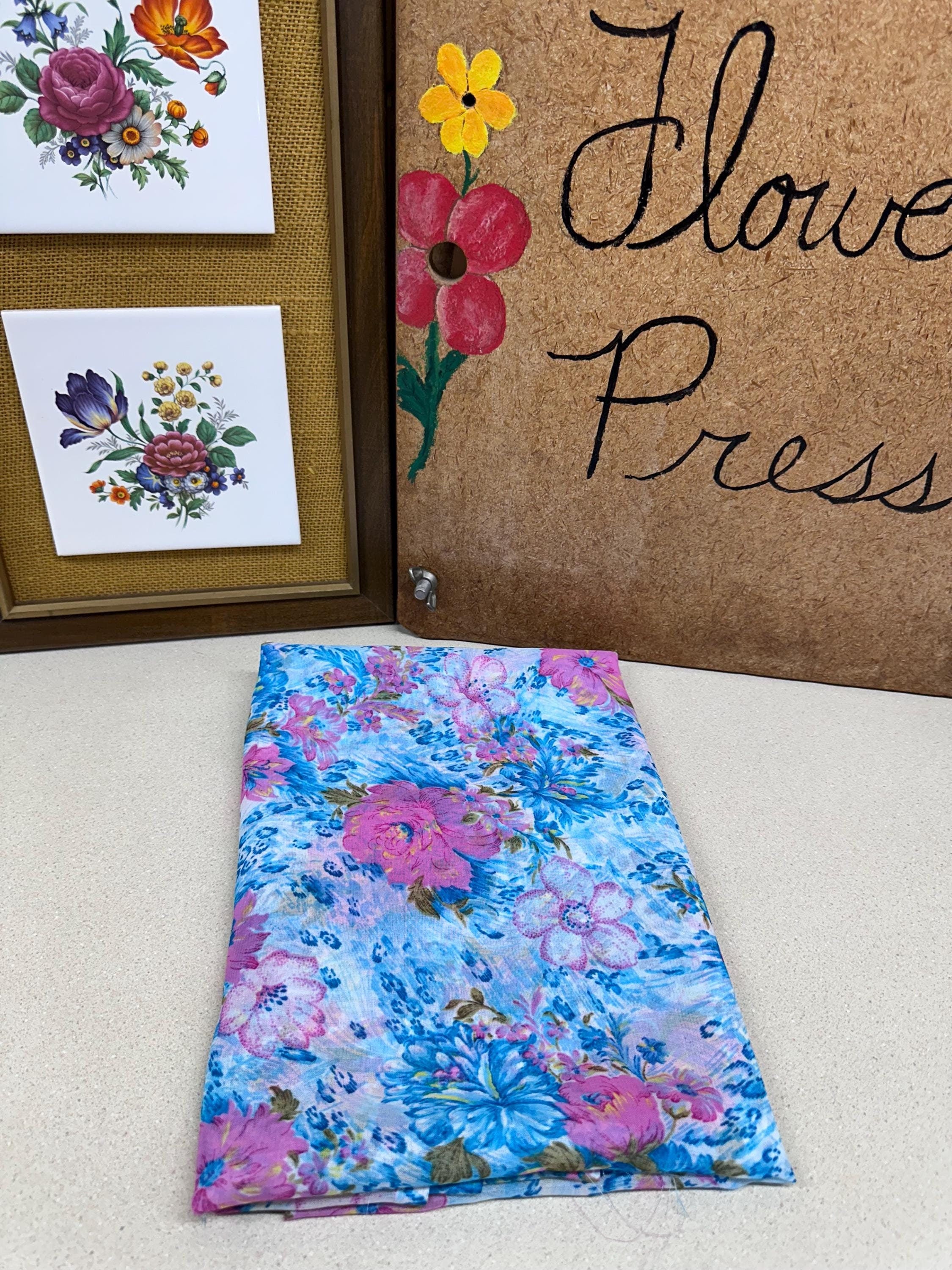 Vintage Floral Fabric: Silky Sheer Blue Pink Textiles (42x80 inches)