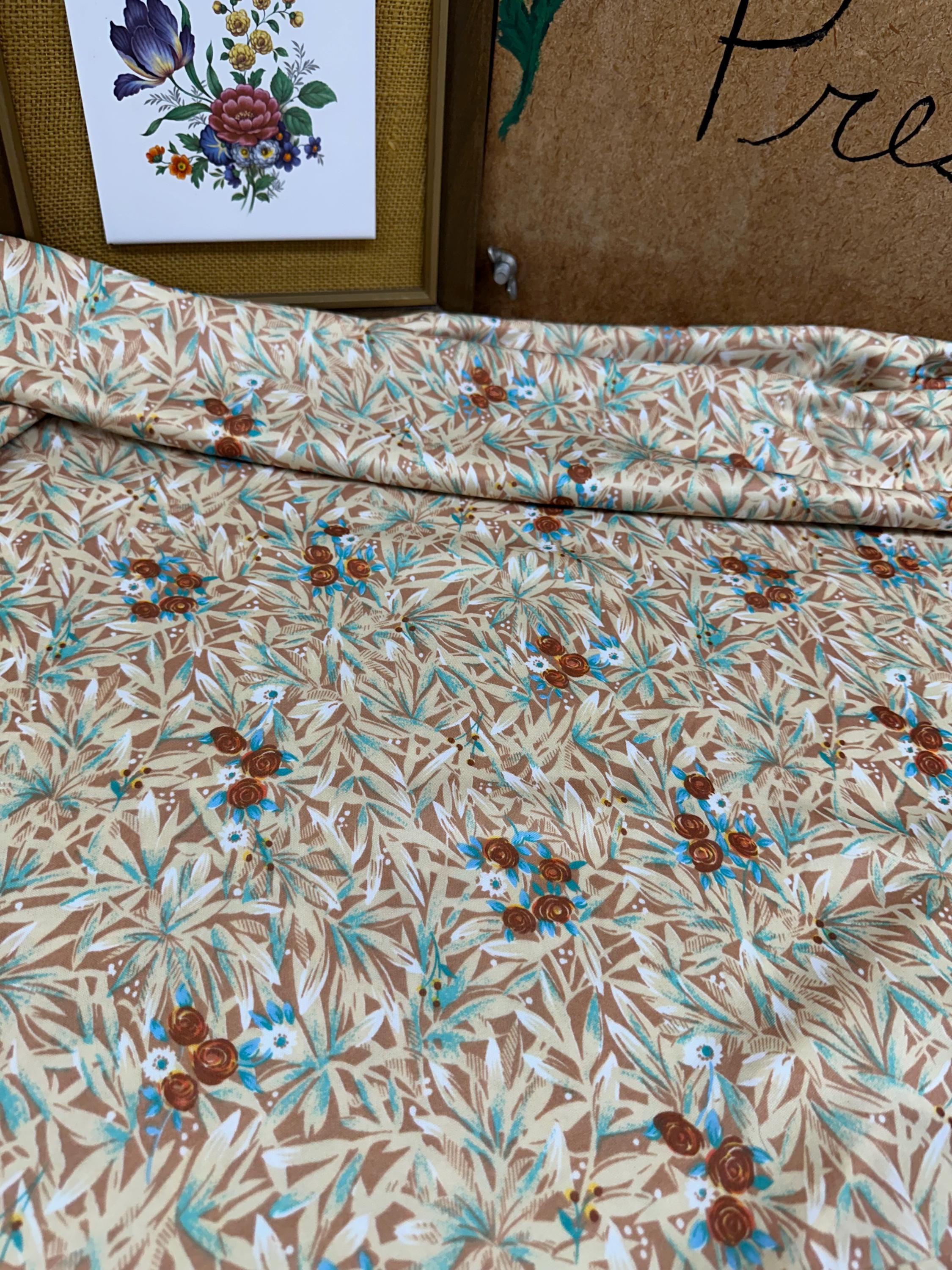 Vintage Floral Fabric: Brown & Blue Stretchy Textiles (60x40 inches