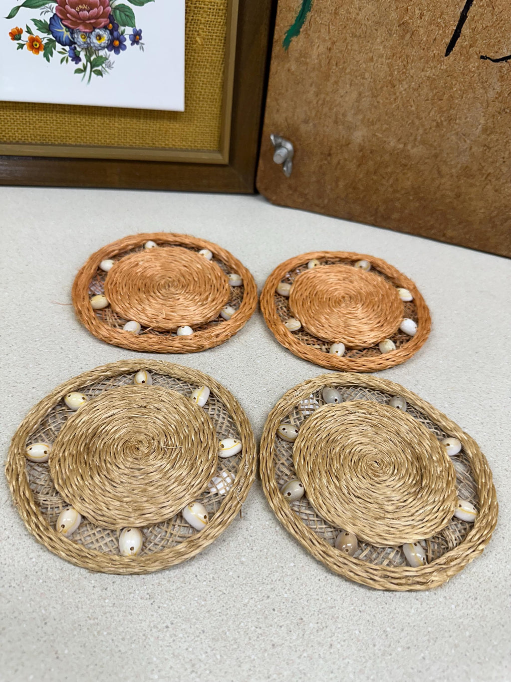 Vintage Abaca Coasters, Shell Accents - Set of 4
