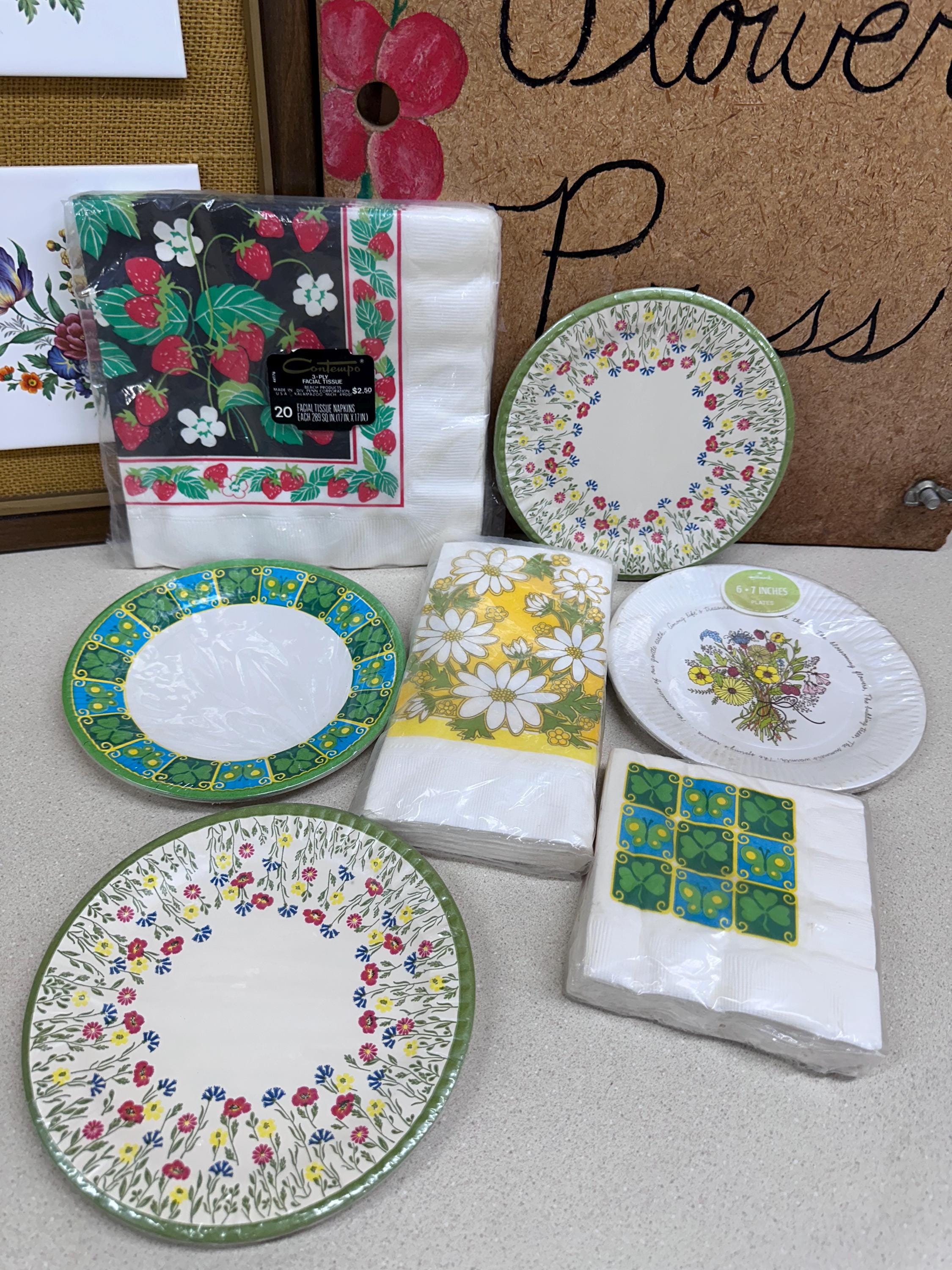 Vintage Flower Power Paper Plates & Napkins: Retro Party Decor - Set of 7