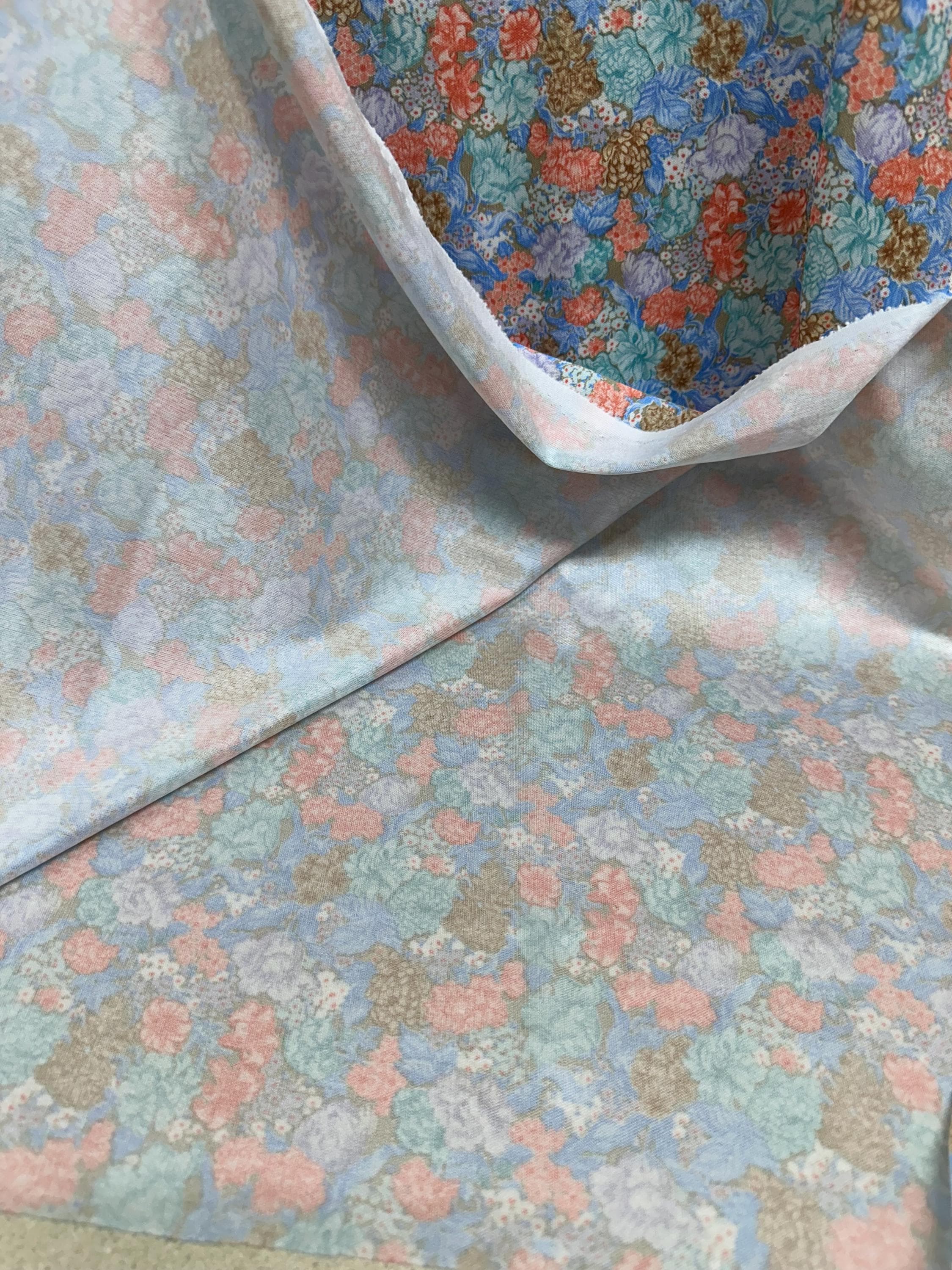 Vintage Fabric Material Textiles Floral Stretchy Peach Blue Brown 58 x 40 Inches