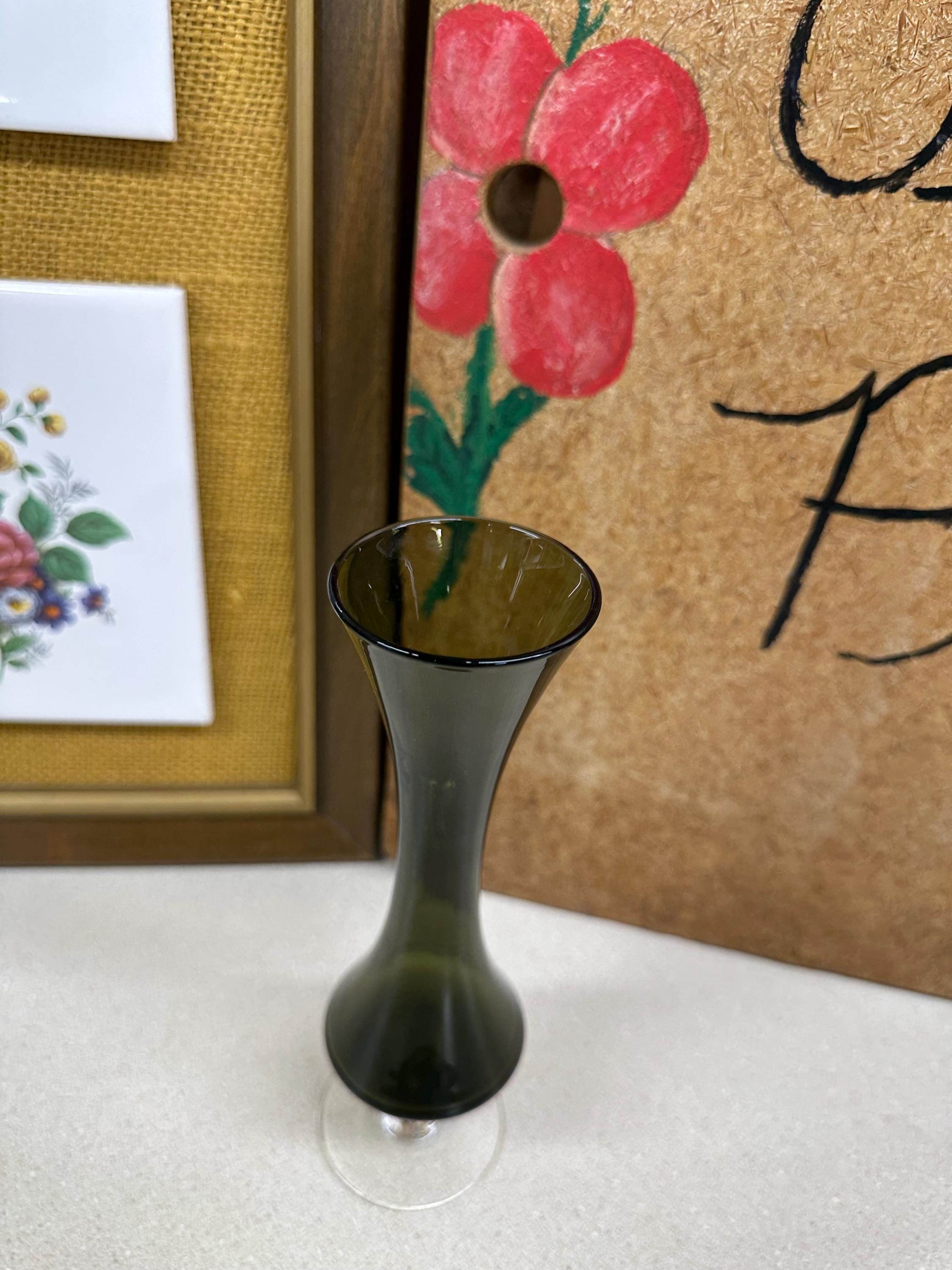 Dark Green Glass Vintage Vase: Olive Green Clear Base, Wedding Decor