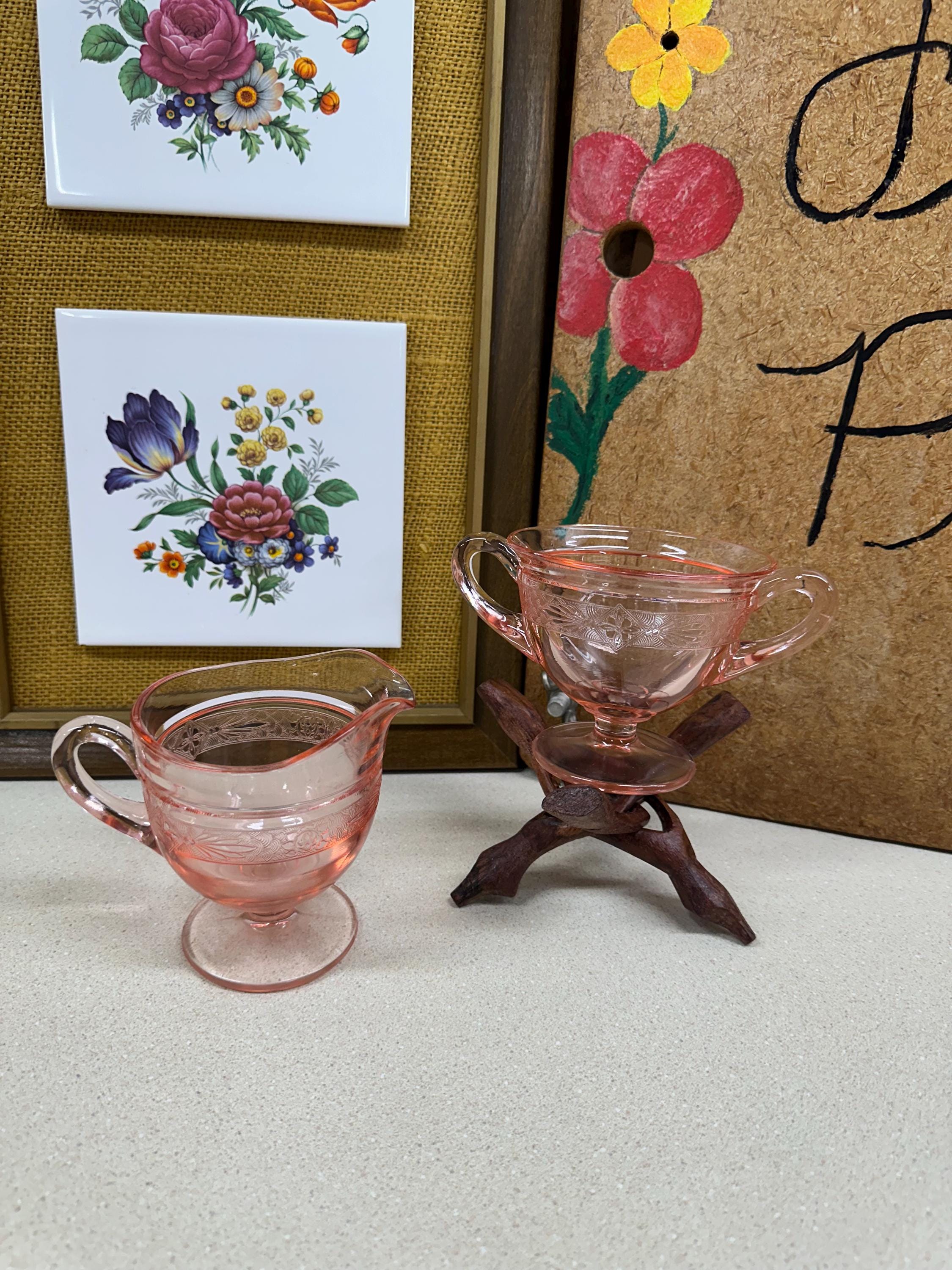 Vintage Creamer & Sugar Bowl Pink Rose Glass Cream and Sugar Set of 2