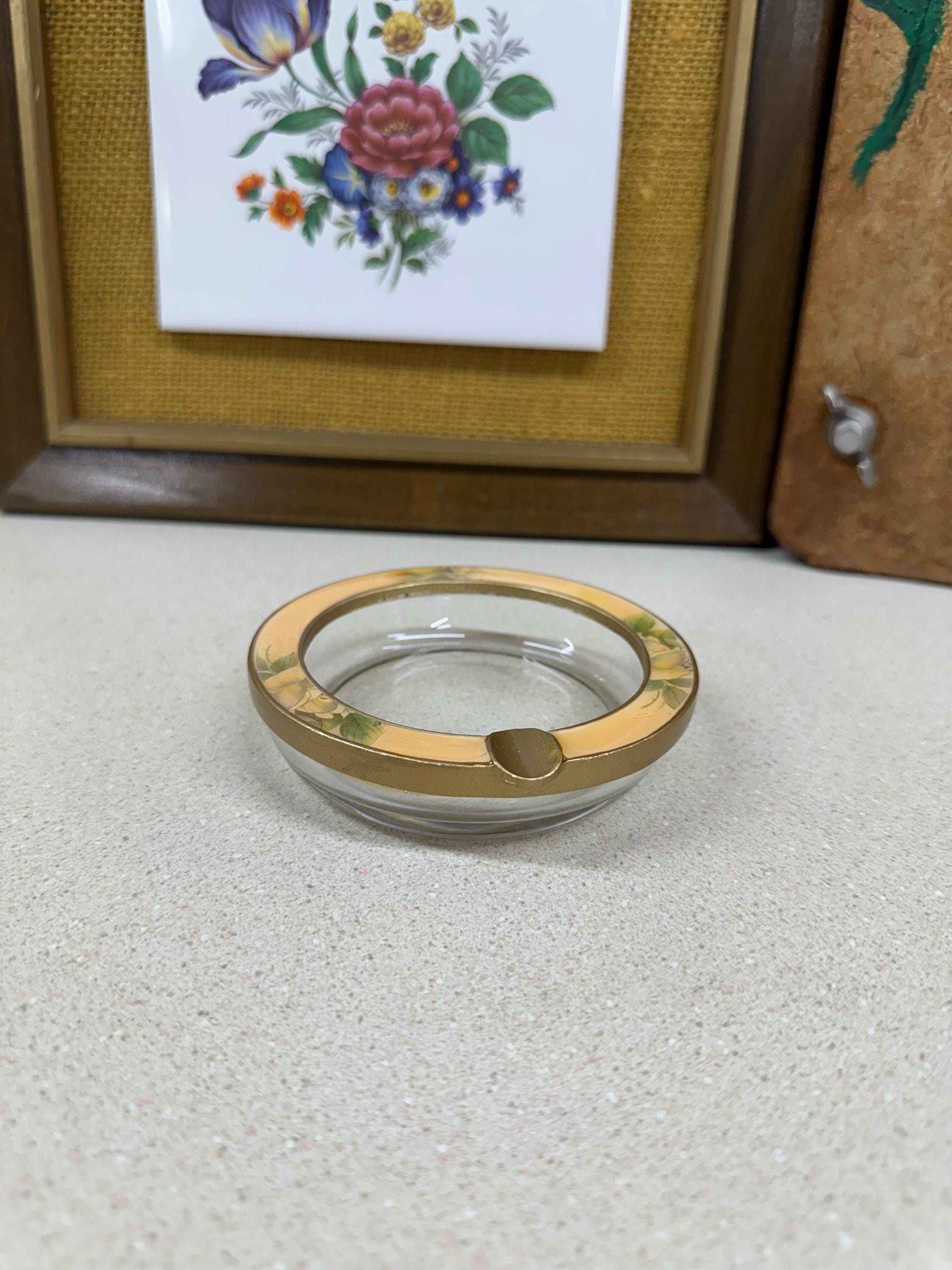 Vintage Ashtray Flowers Glass & Metal Small Round Floral Decor Retro Home Decor Chateaucore Cottagecore