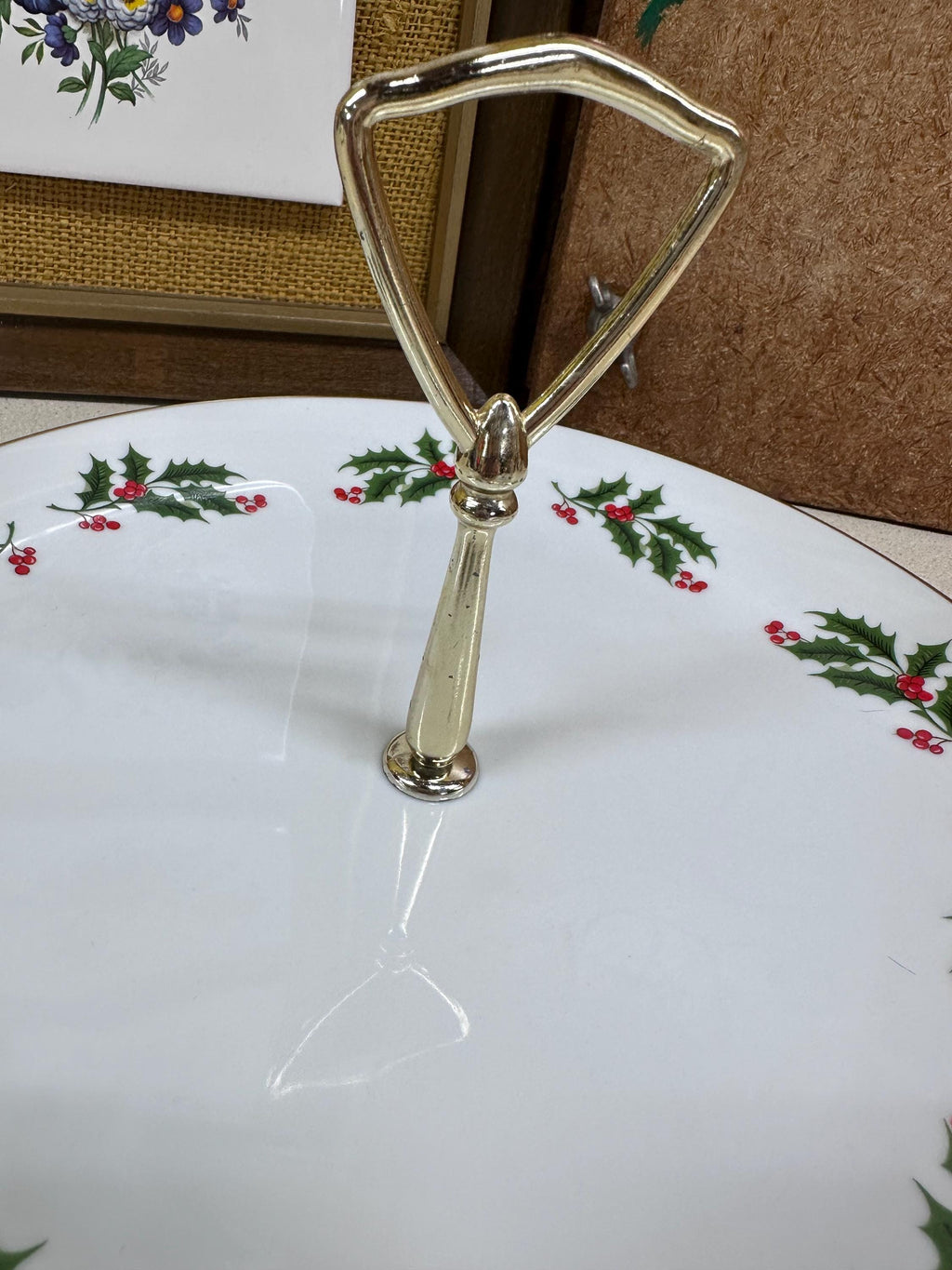 Vintage Christmas 1 Tier Serving Tray Platter Holly Berries Gold Japan