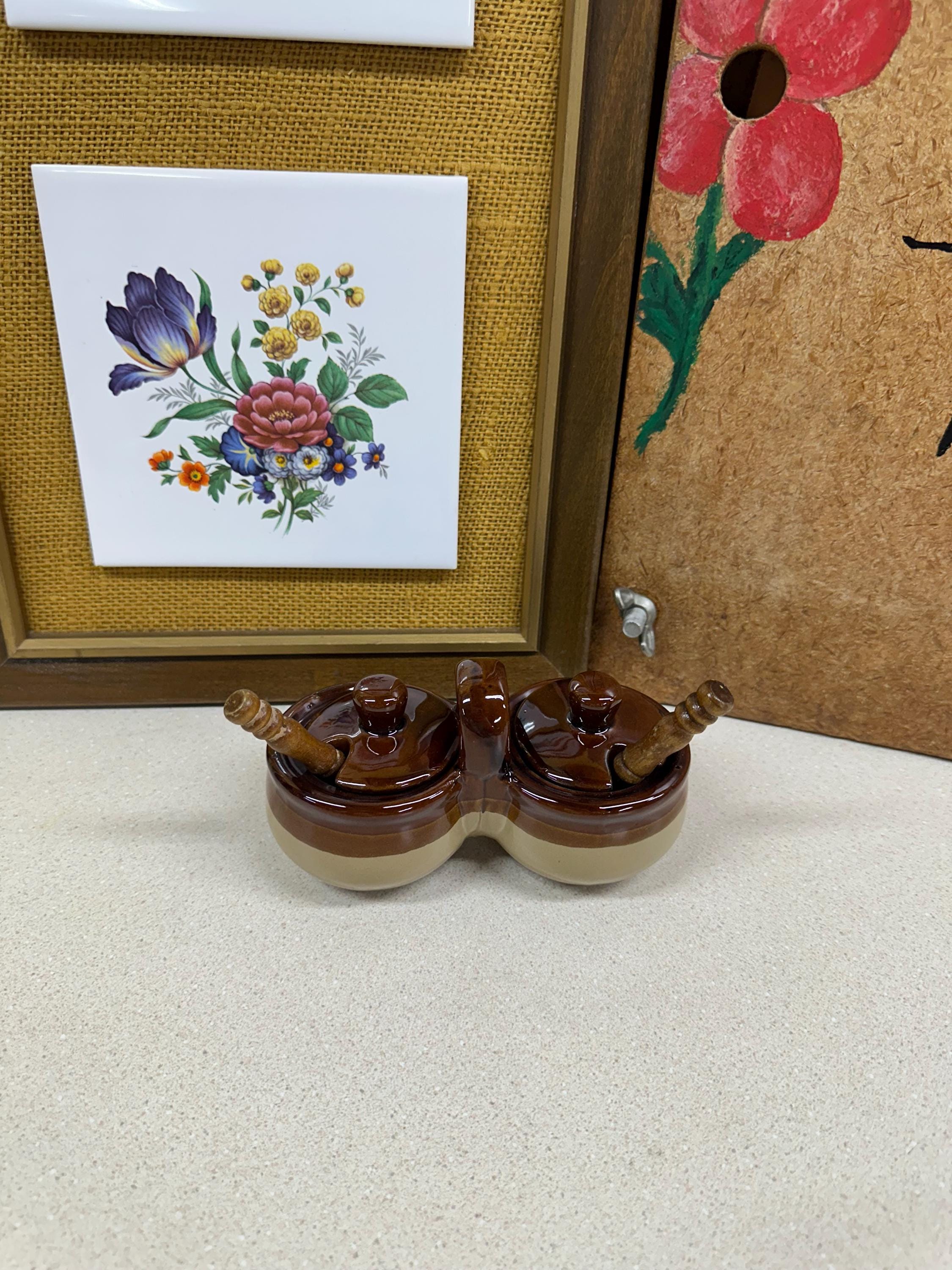 Vintage Joined Sugar Salt Bowls: Wood Spoons, Trinket Holder