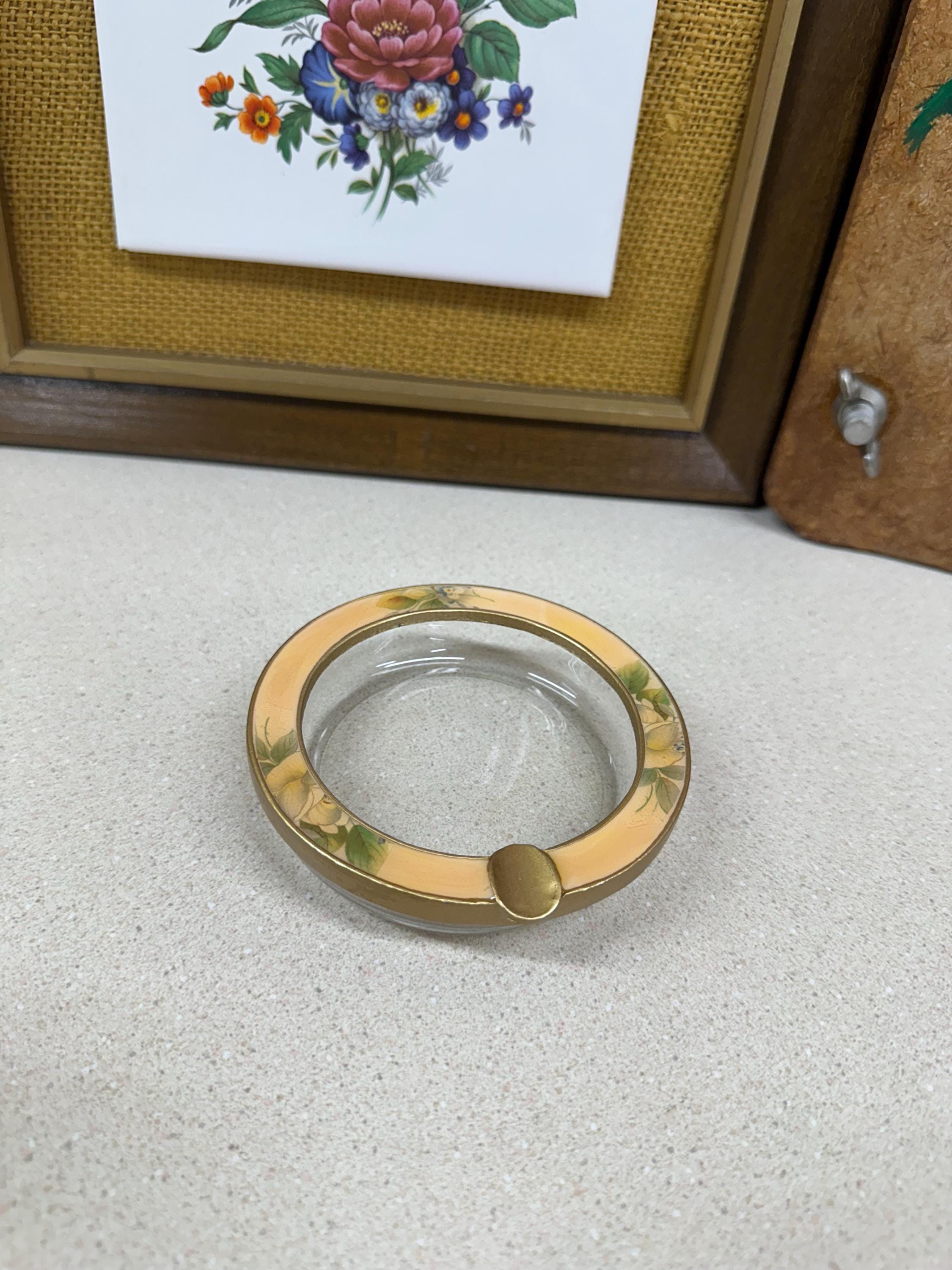 Vintage Ashtray Flowers Glass & Metal Small Round Floral Decor Retro Home Decor Chateaucore Cottagecore