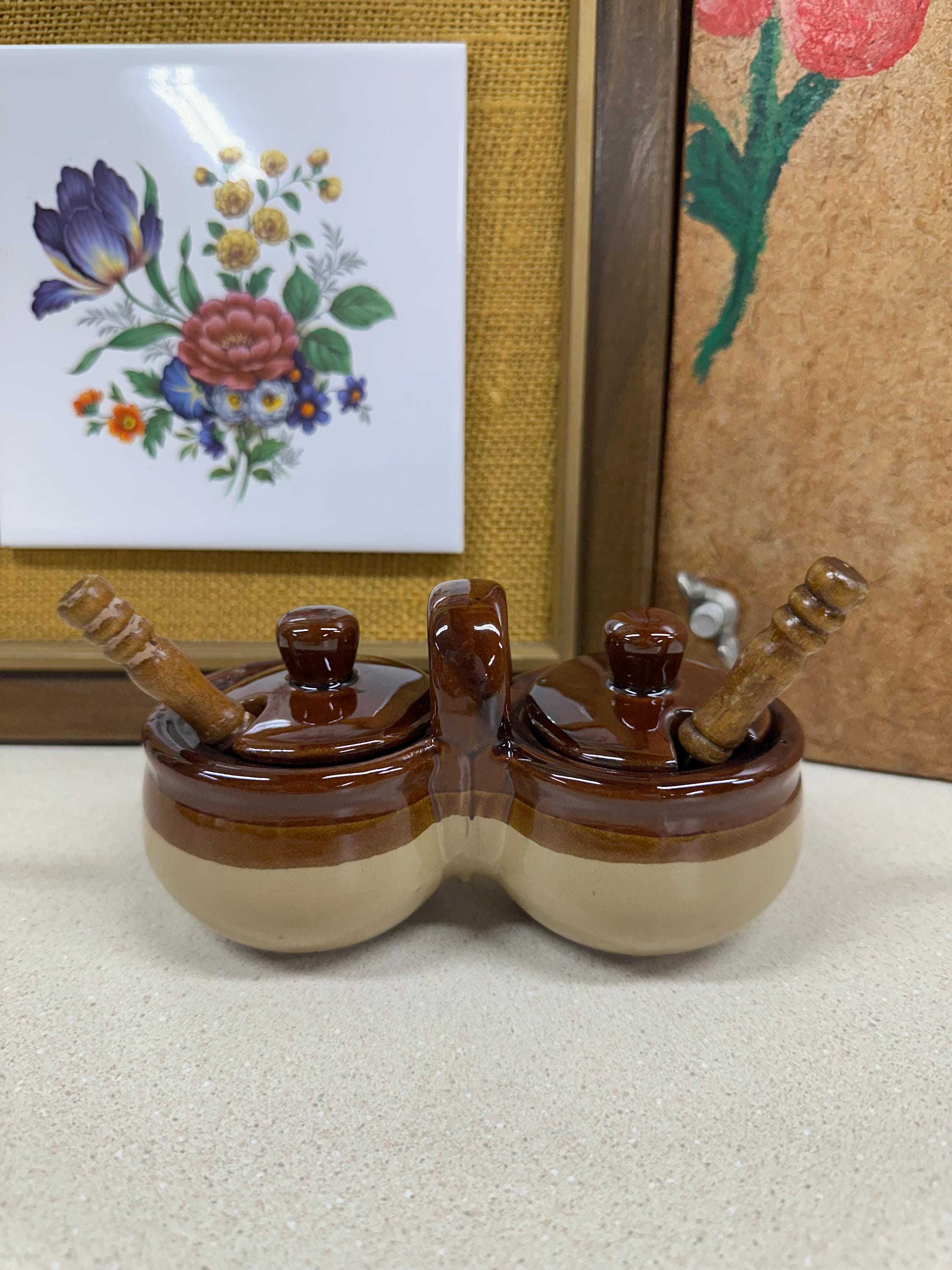 Vintage Joined Sugar Salt Bowls: Wood Spoons, Trinket Holder