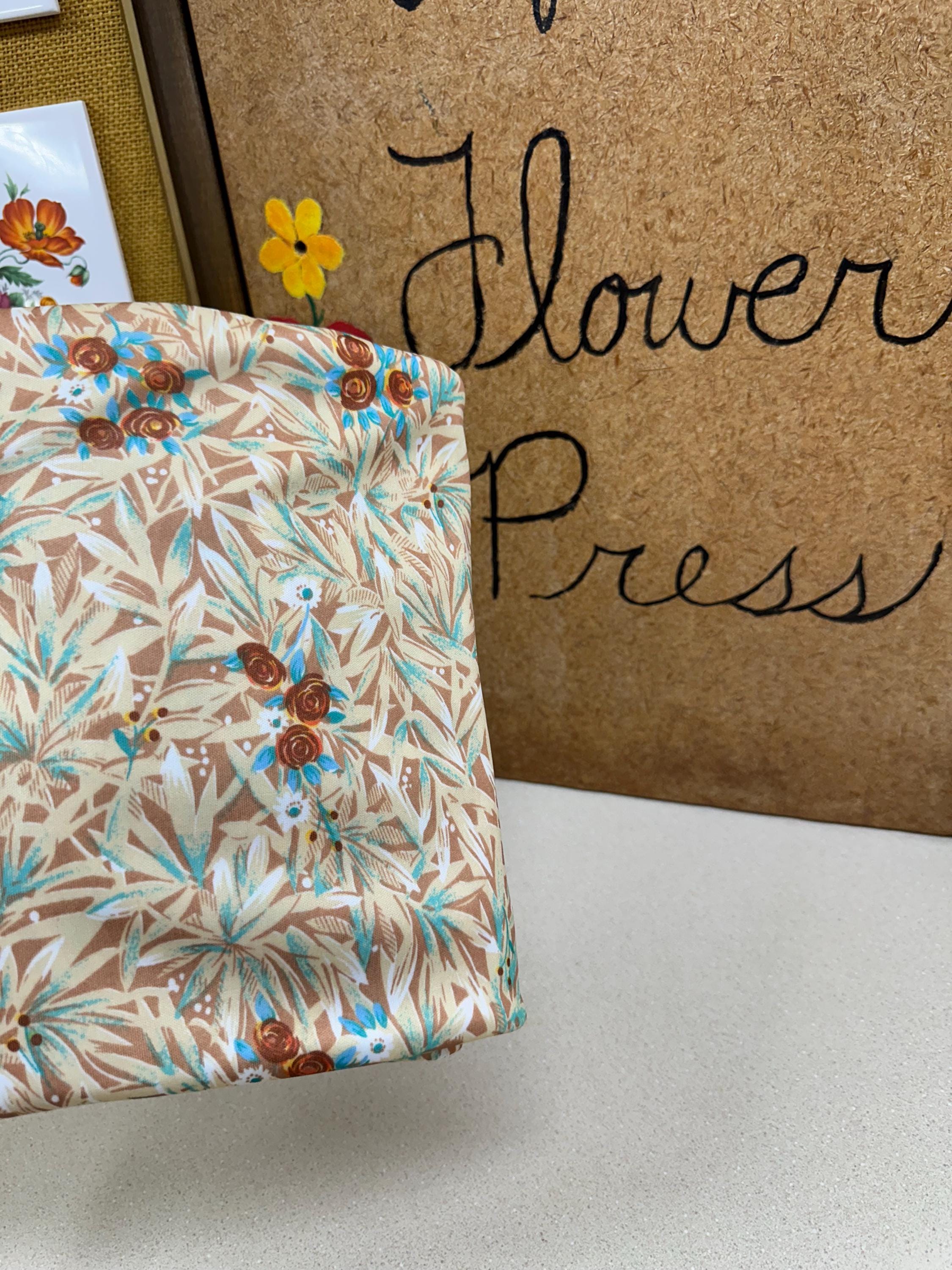 Vintage Floral Fabric: Brown & Blue Stretchy Textiles (60x40 inches