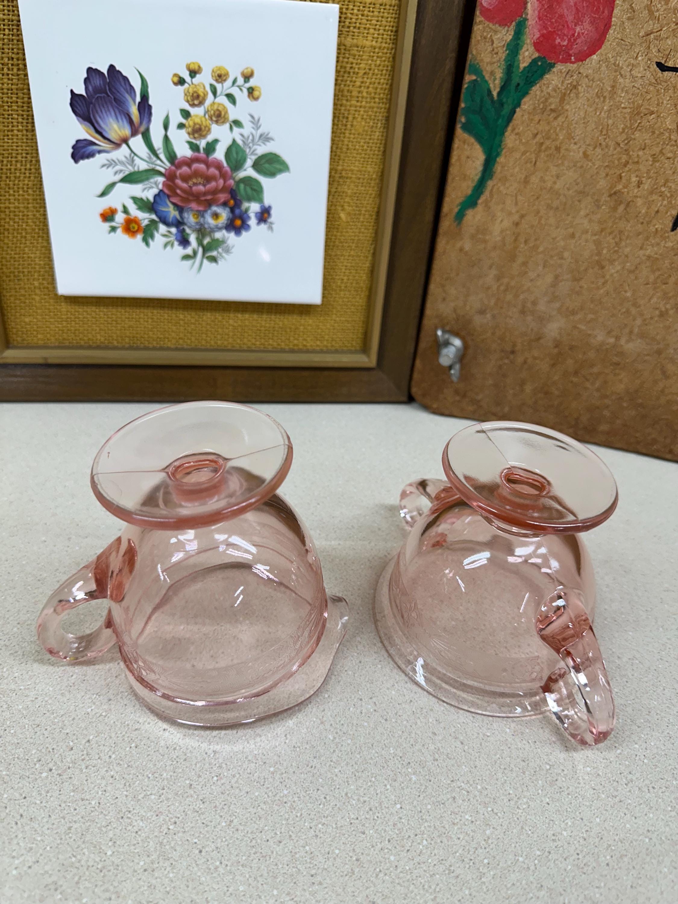 Vintage Creamer & Sugar Bowl Pink Rose Glass Cream and Sugar Set of 2